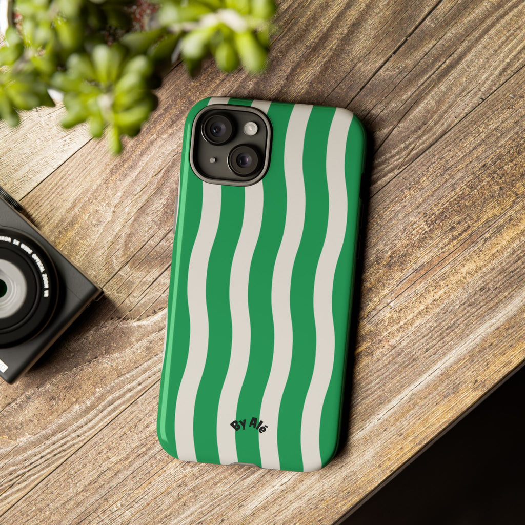 Green Wavy Stripe Tough Phone Case — Protective iPhone Cover with Retro Wave Pattern