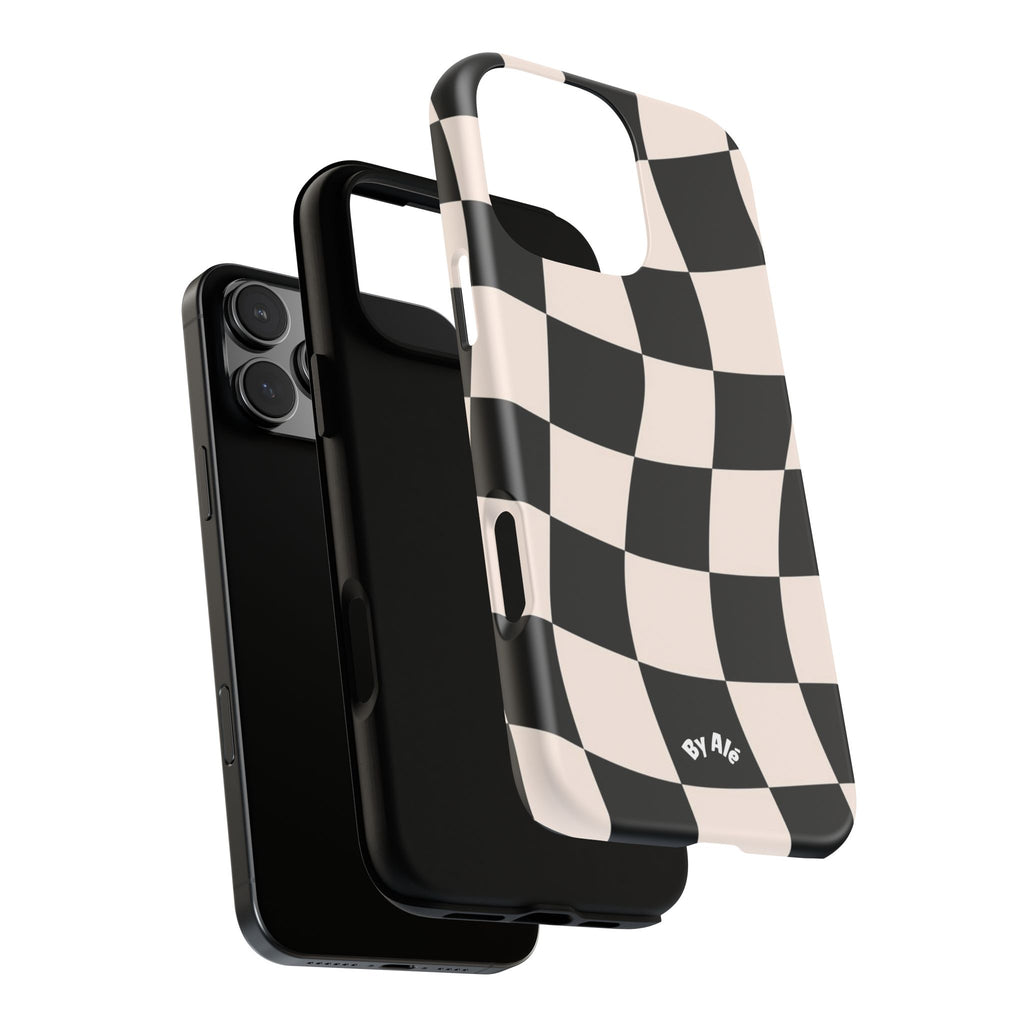 Wavy Checkered Phone Case – Black & Cream Retro Race Pattern