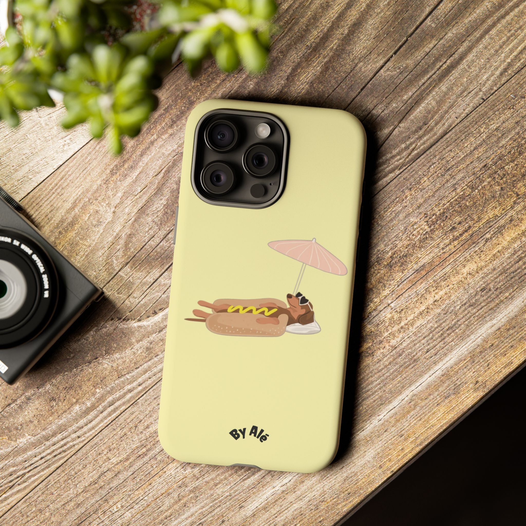 Cute Hot Dog Dog Relaxing on Beach Umbrella (Butter Yellow) - Phone Case