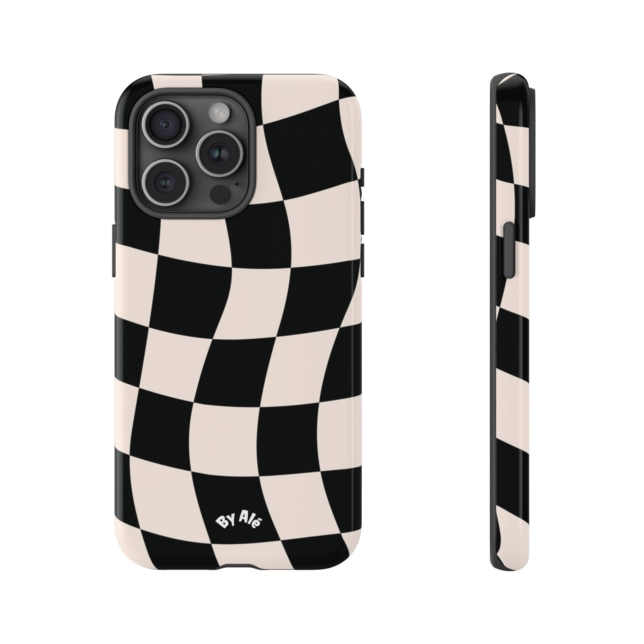 Wavy Checkered Phone Case – Black & Cream Retro Race Pattern