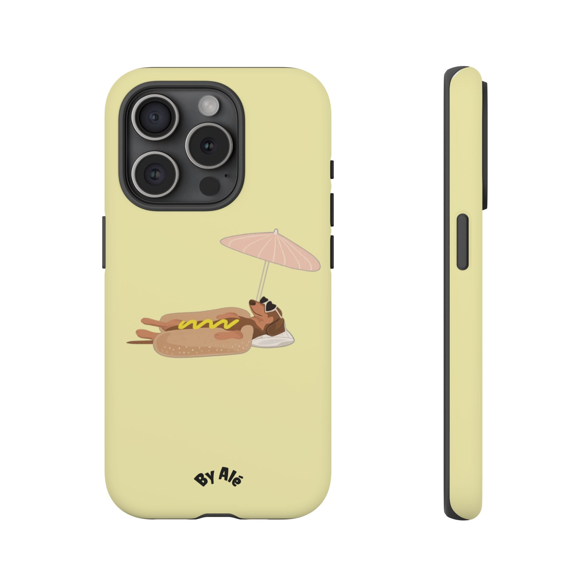 Cute Hot Dog Dog Relaxing on Beach Umbrella (Butter Yellow) - Phone Case