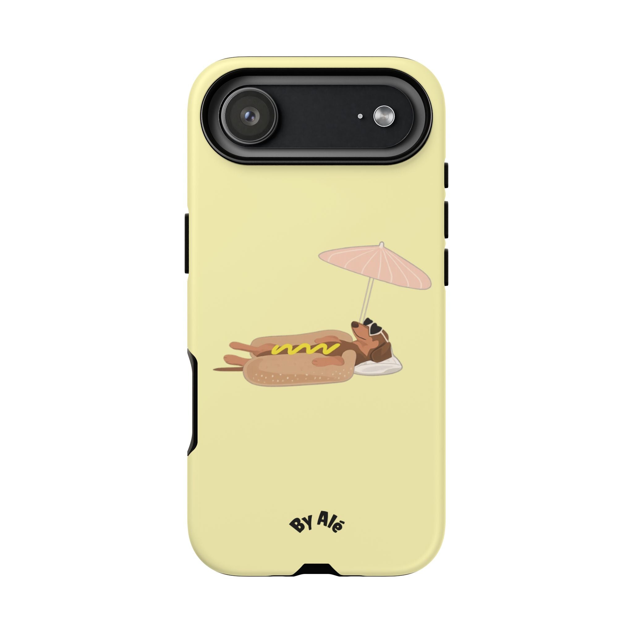 Cute Hot Dog Dog Relaxing on Beach Umbrella (Butter Yellow) - Phone Case