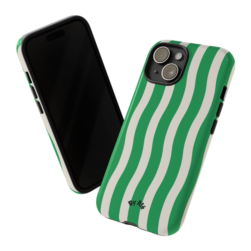 Green Wavy Stripe Tough Phone Case — Protective iPhone Cover with Retro Wave Pattern