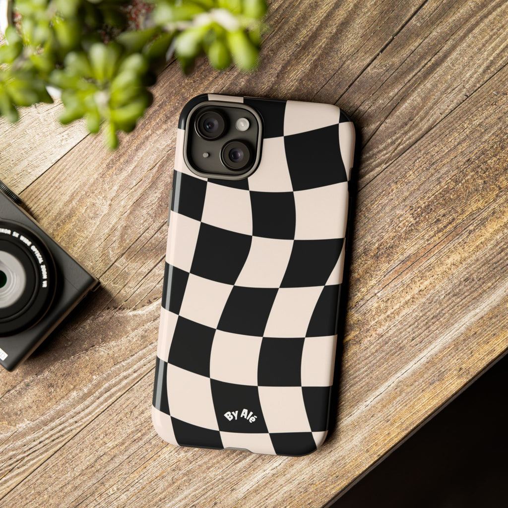 Wavy Checkered Phone Case – Black & Cream Retro Race Pattern