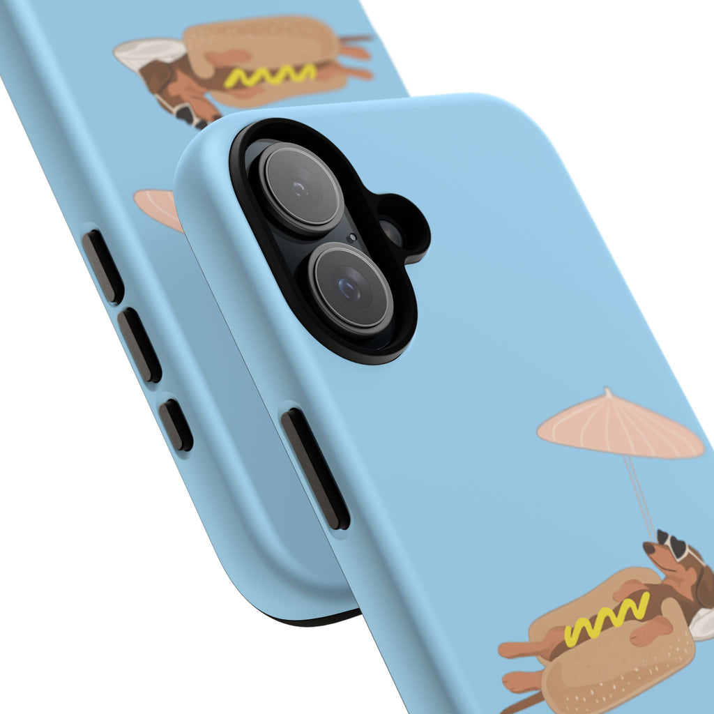 Cute Hot Dog Dog Relaxing on Beach Umbrella (Pastel Blue) - Phone Case