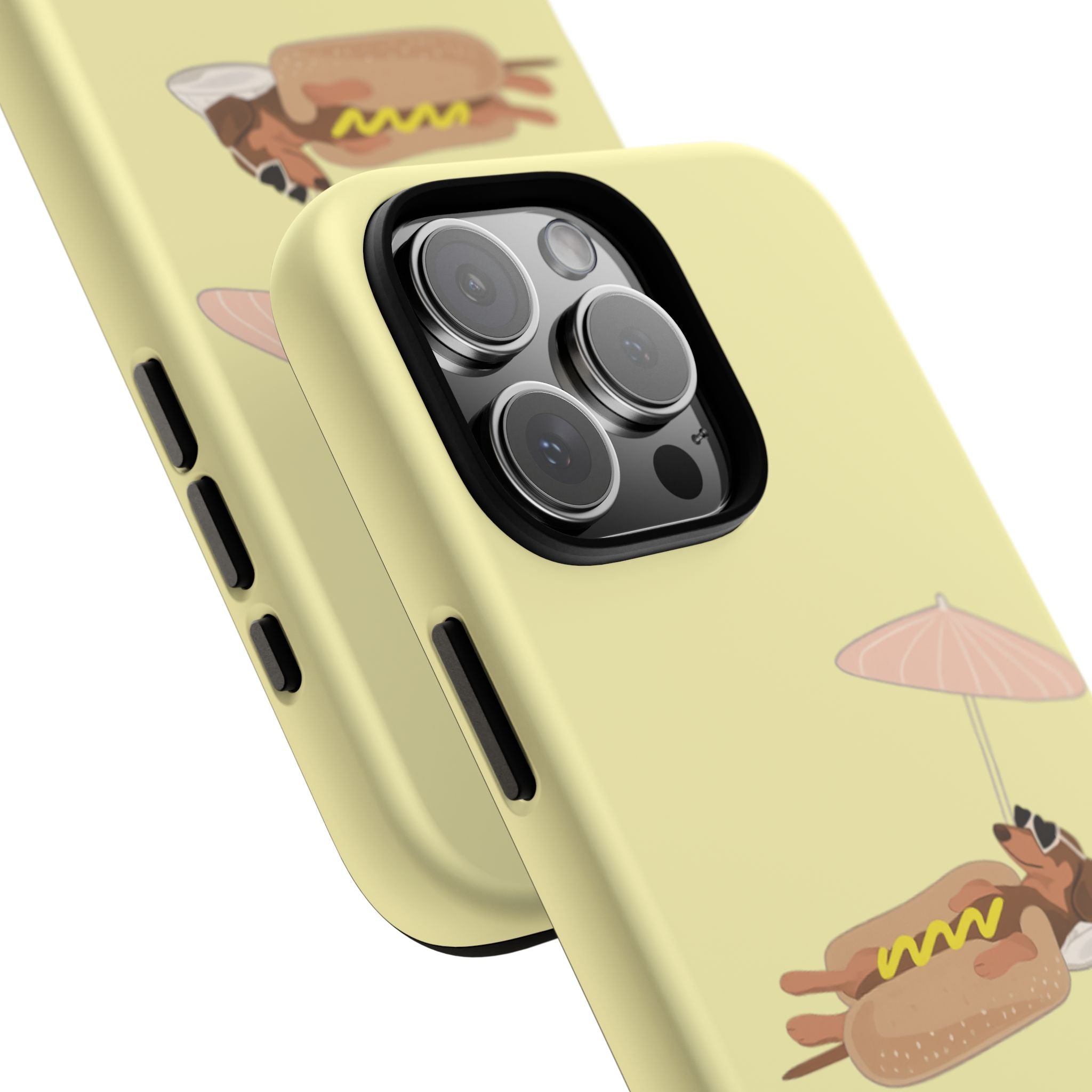 Cute Hot Dog Dog Relaxing on Beach Umbrella (Butter Yellow) - Phone Case