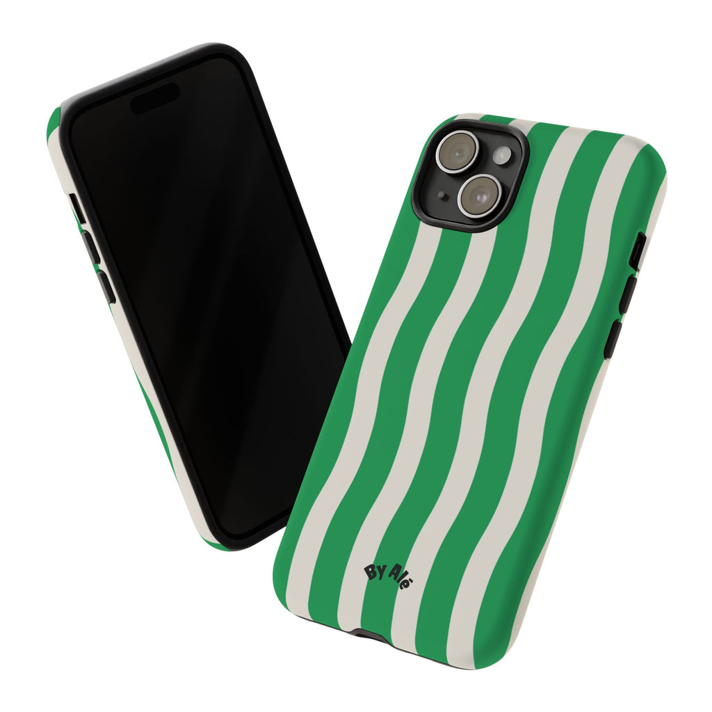 Green Wavy Stripe Tough Phone Case — Protective iPhone Cover with Retro Wave Pattern