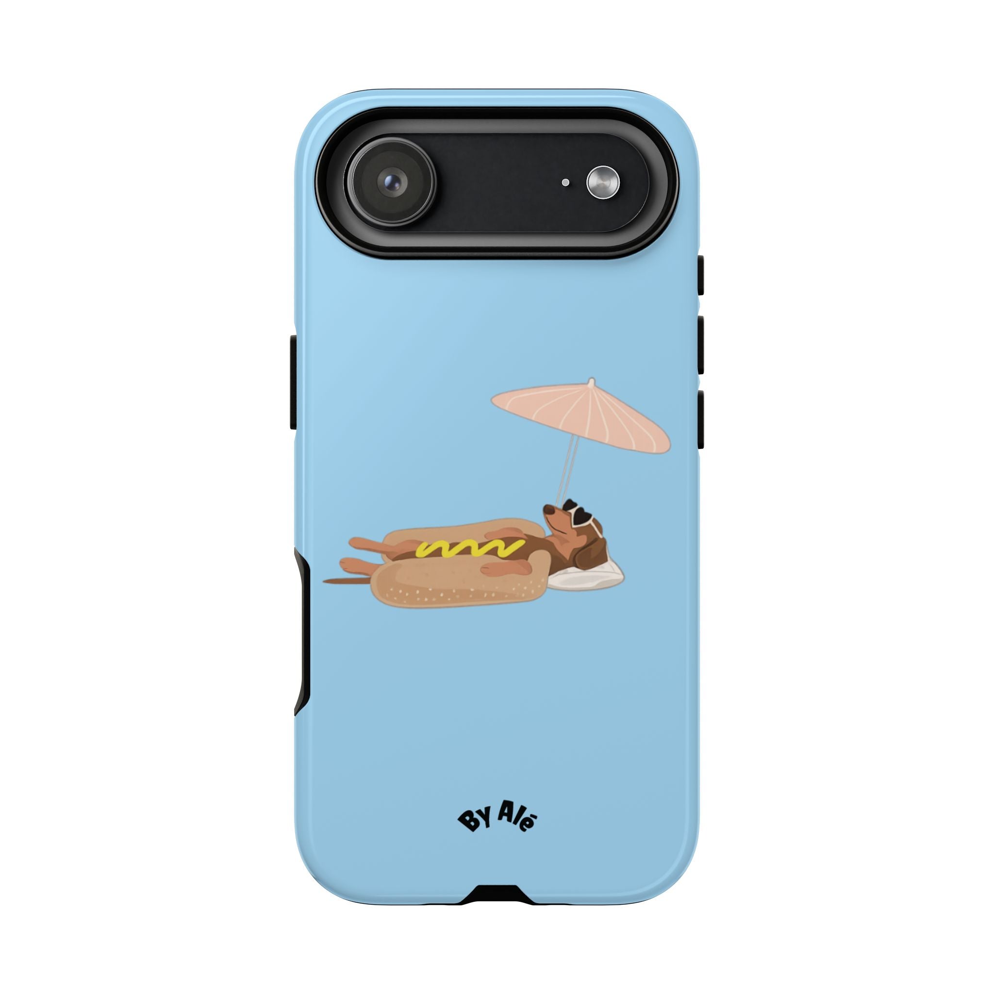 Cute Hot Dog Dog Relaxing on Beach Umbrella (Pastel Blue) - Phone Case