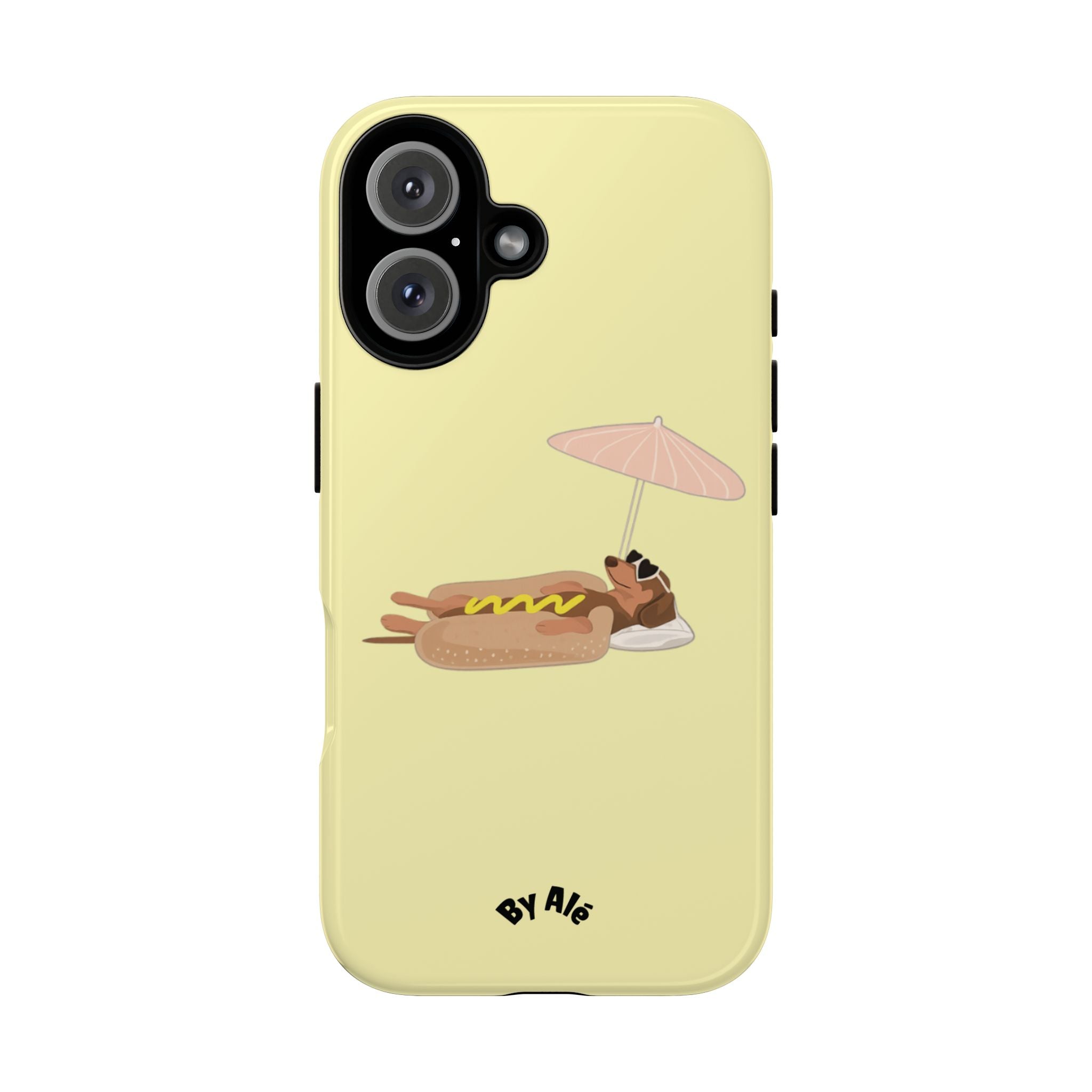 Cute Hot Dog Dog Relaxing on Beach Umbrella (Butter Yellow) - Phone Case