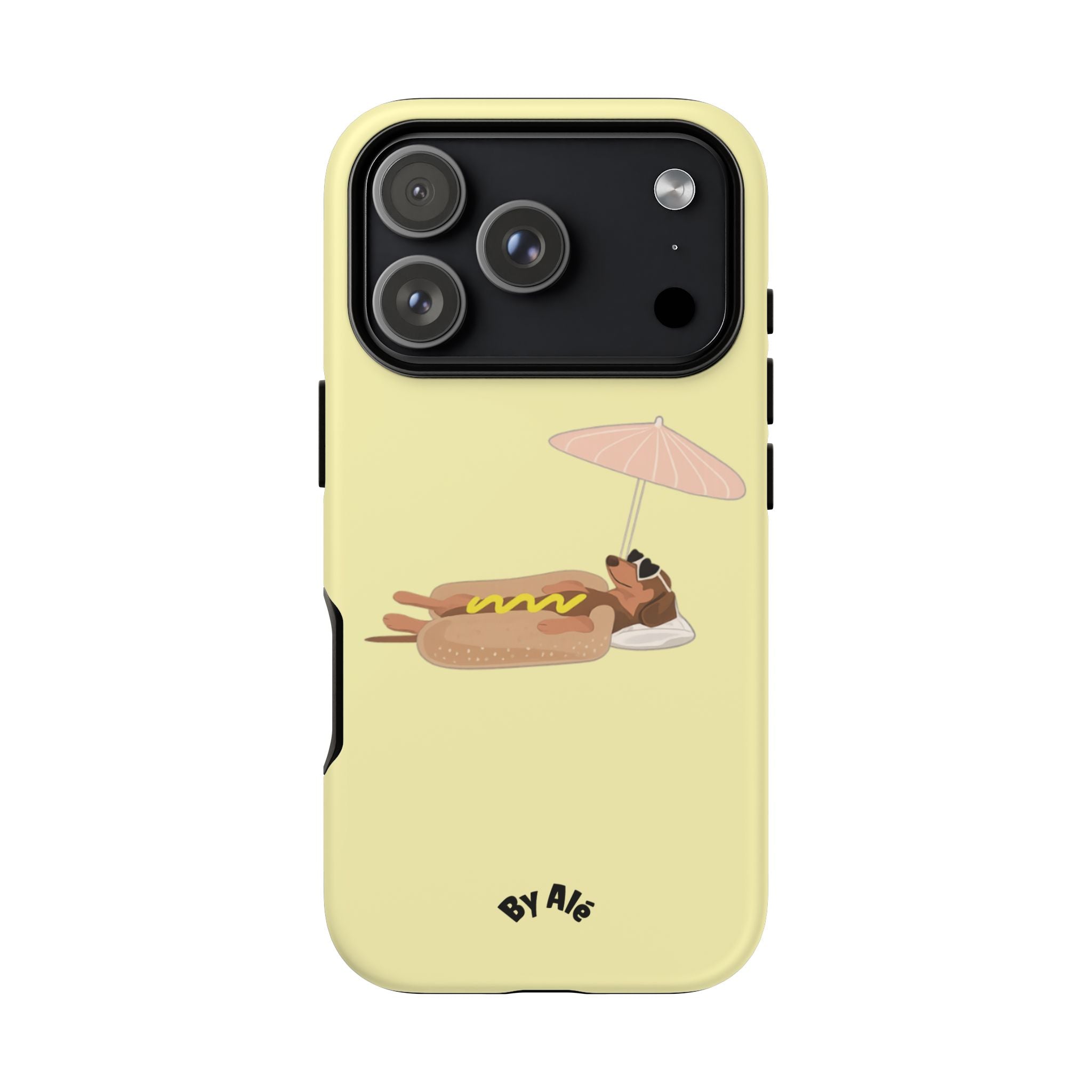 Cute Hot Dog Dog Relaxing on Beach Umbrella (Butter Yellow) - Phone Case