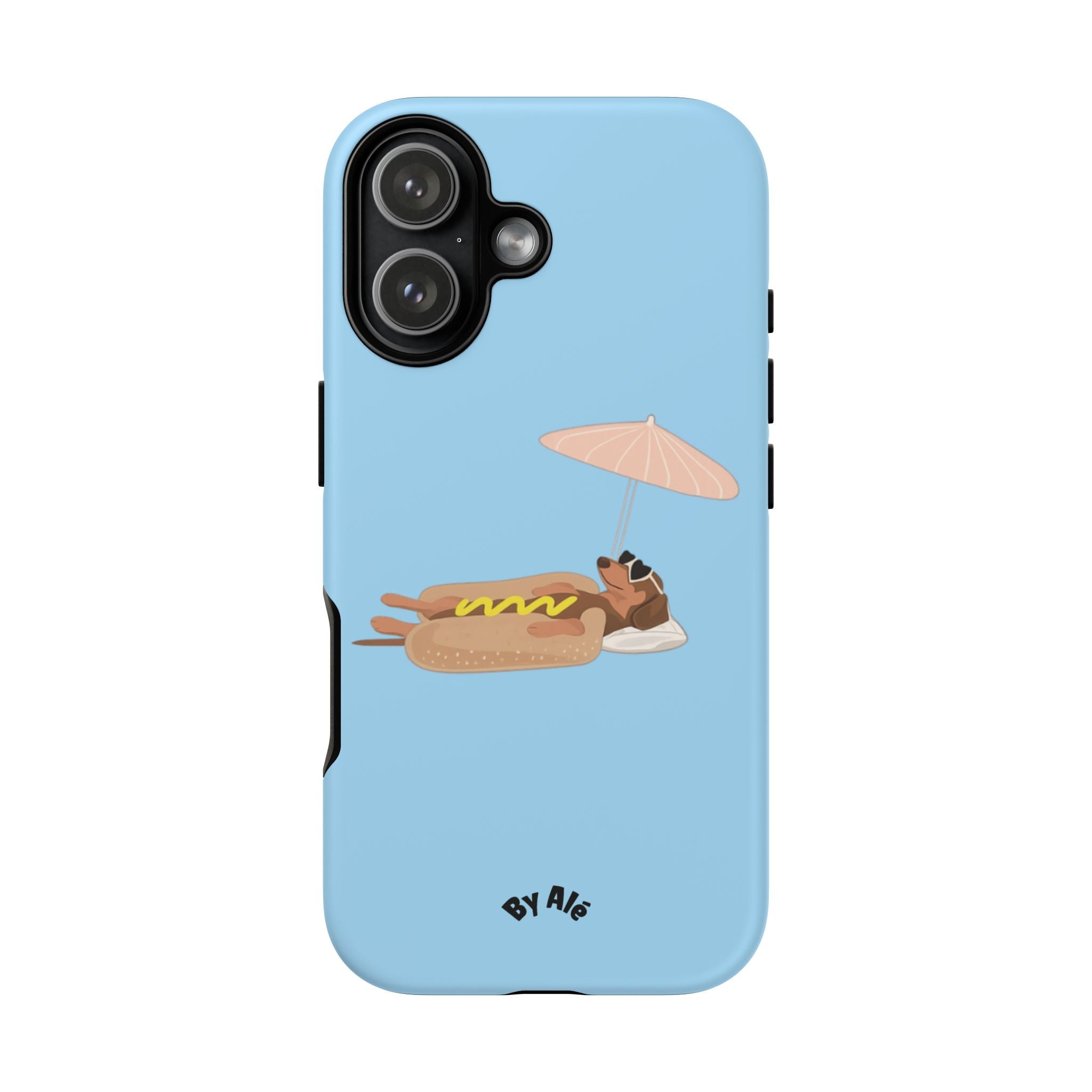 Cute Hot Dog Dog Relaxing on Beach Umbrella (Pastel Blue) - Phone Case