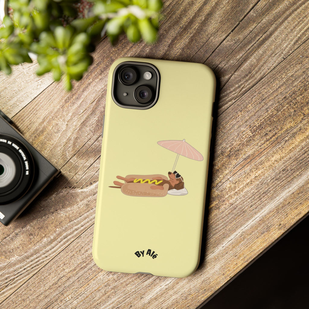 Cute Hot Dog Dog Relaxing on Beach Umbrella (Butter Yellow) - Phone Case