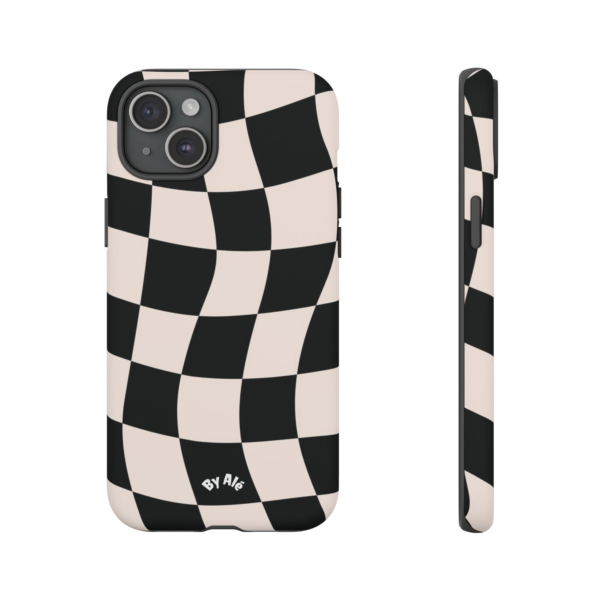 Wavy Checkered Phone Case – Black & Cream Retro Race Pattern