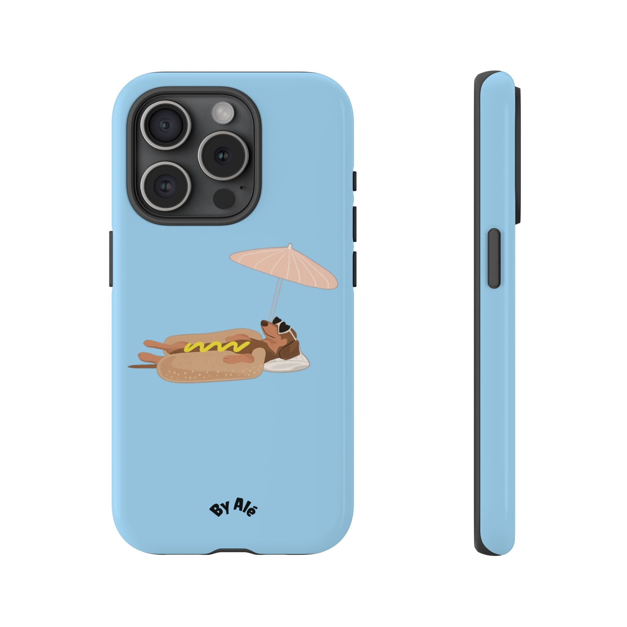 Cute Hot Dog Dog Relaxing on Beach Umbrella (Pastel Blue) - Phone Case