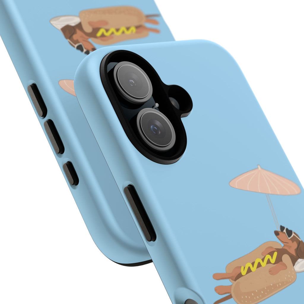 Cute Hot Dog Dog Relaxing on Beach Umbrella (Pastel Blue) - Phone Case