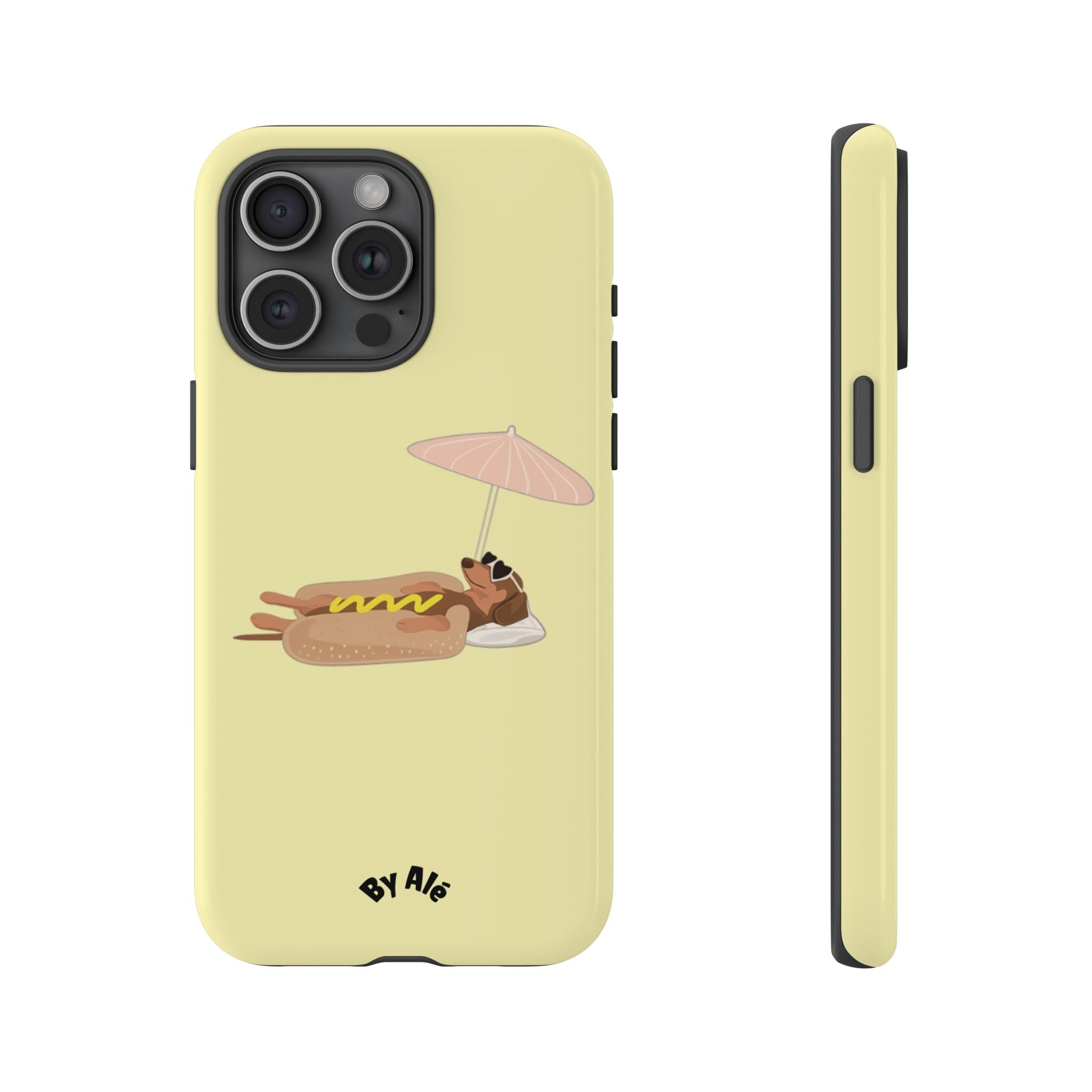 Cute Hot Dog Dog Relaxing on Beach Umbrella (Butter Yellow) - Phone Case
