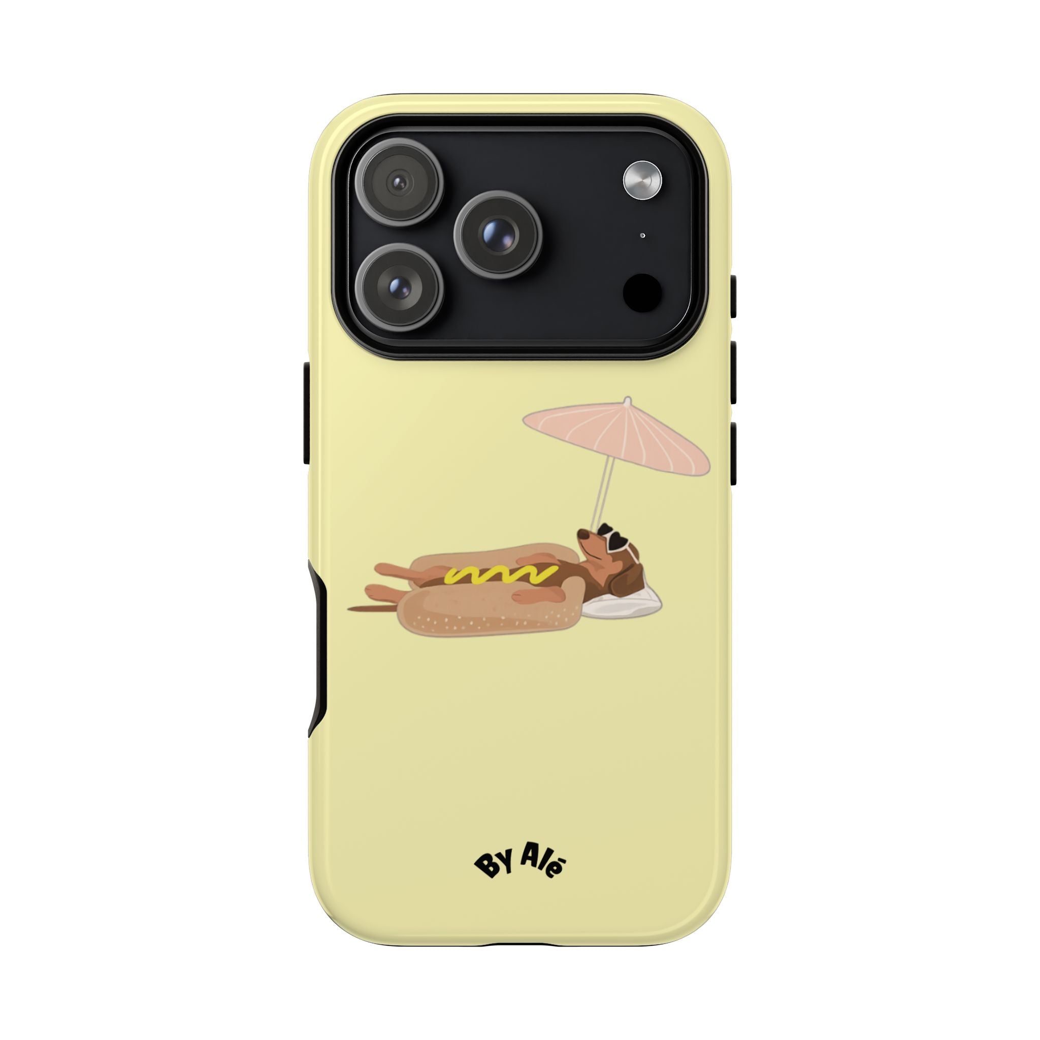 Cute Hot Dog Dog Relaxing on Beach Umbrella (Butter Yellow) - Phone Case