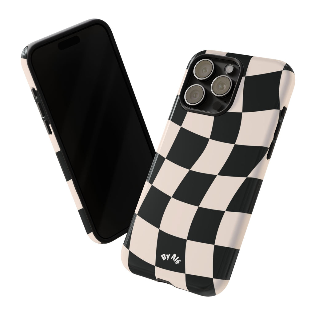 Wavy Checkered Phone Case – Black & Cream Retro Race Pattern