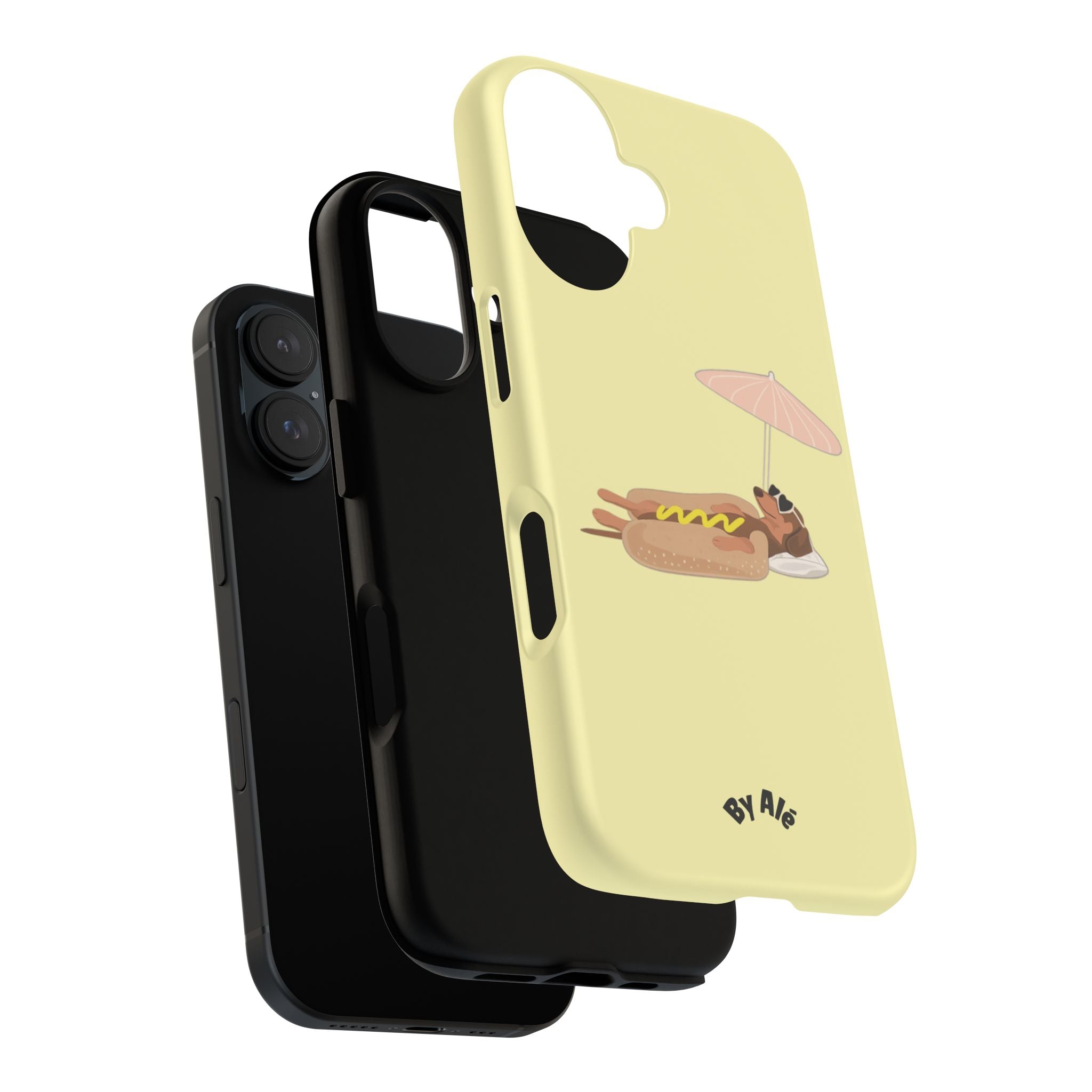 Cute Hot Dog Dog Relaxing on Beach Umbrella (Butter Yellow) - Phone Case
