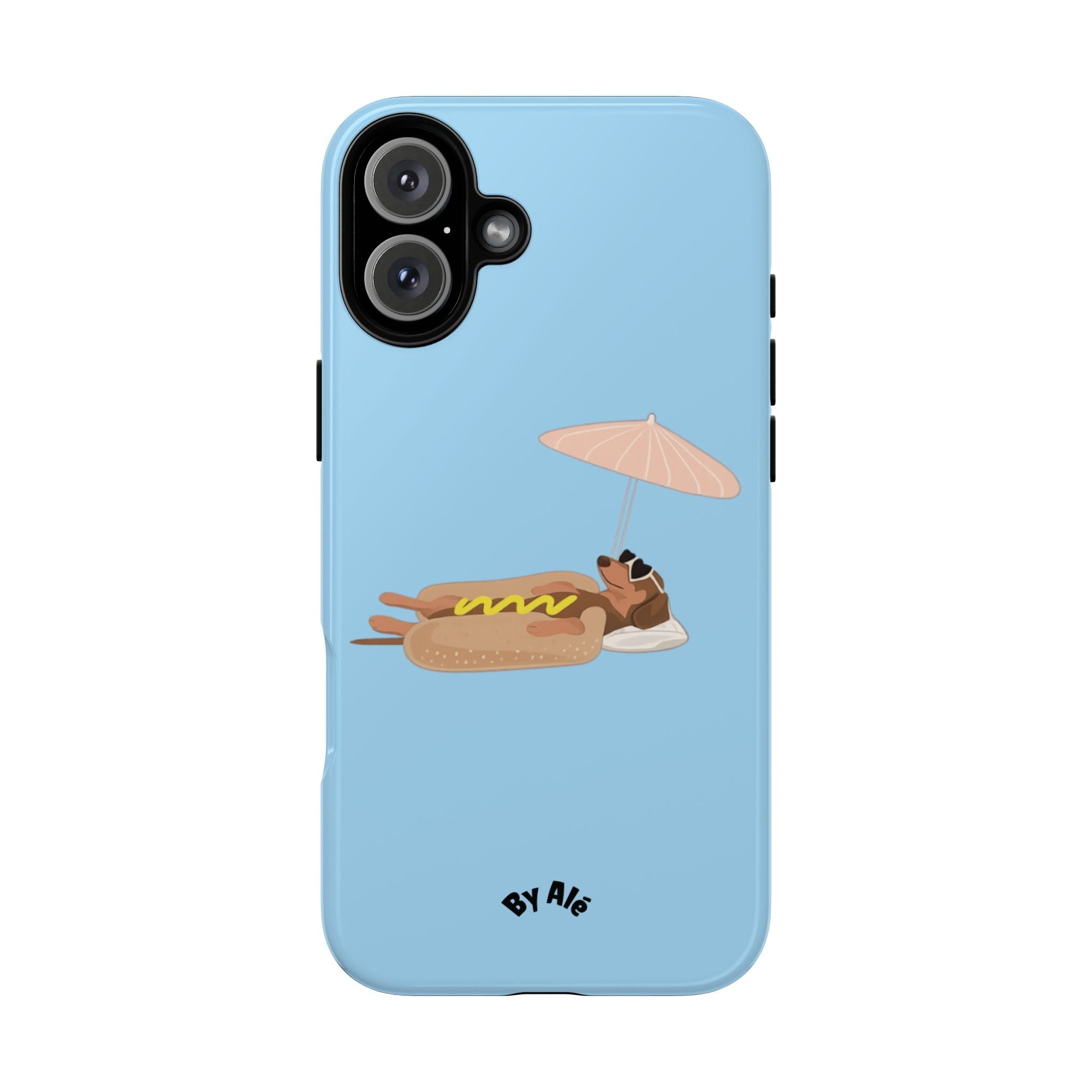 Cute Hot Dog Dog Relaxing on Beach Umbrella (Pastel Blue) - Phone Case