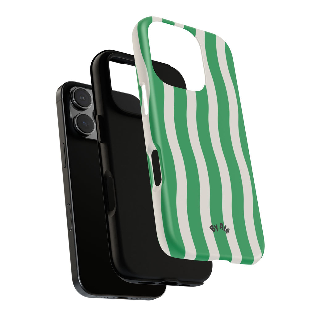 Green Wavy Stripe Tough Phone Case — Protective iPhone Cover with Retro Wave Pattern