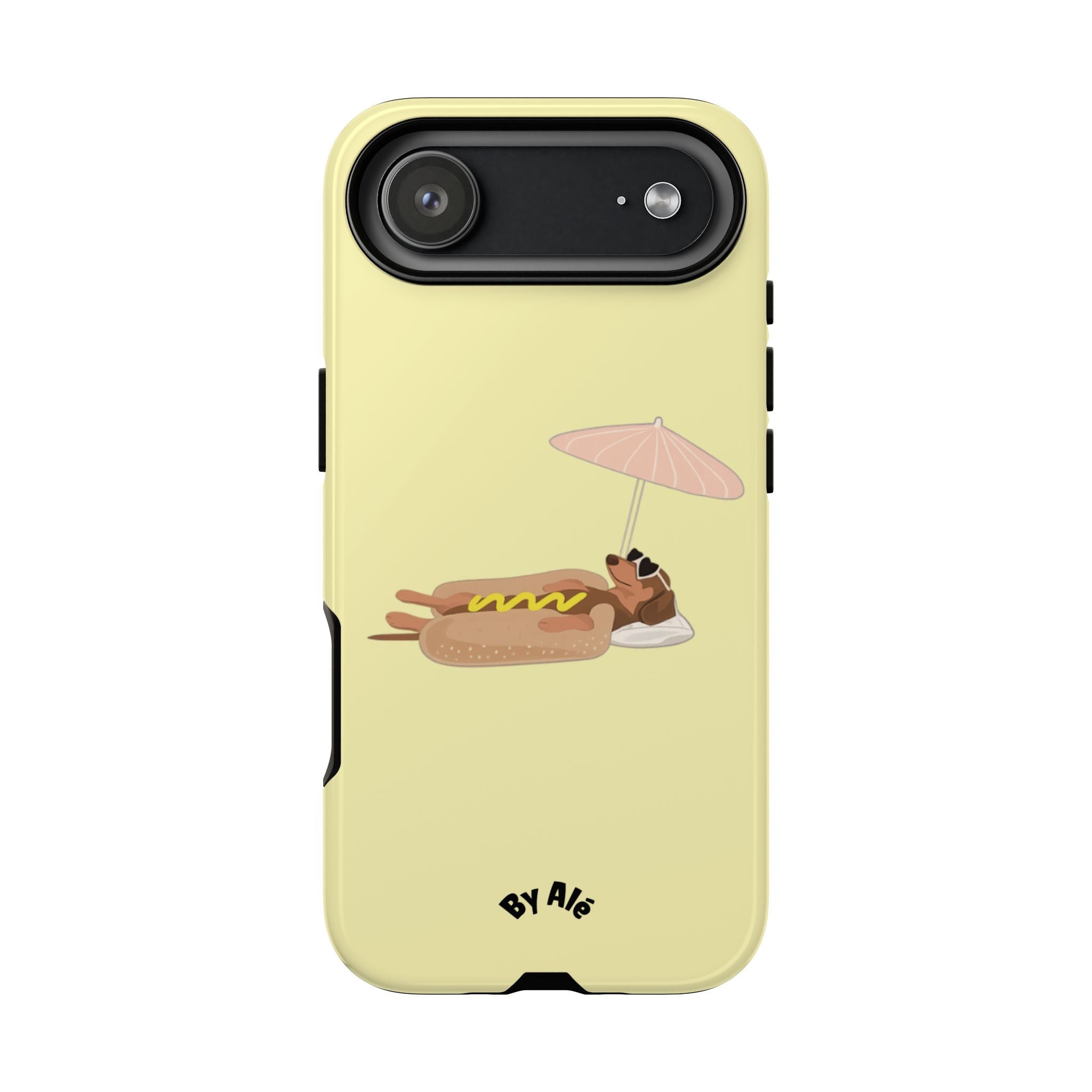 Cute Hot Dog Dog Relaxing on Beach Umbrella (Butter Yellow) - Phone Case