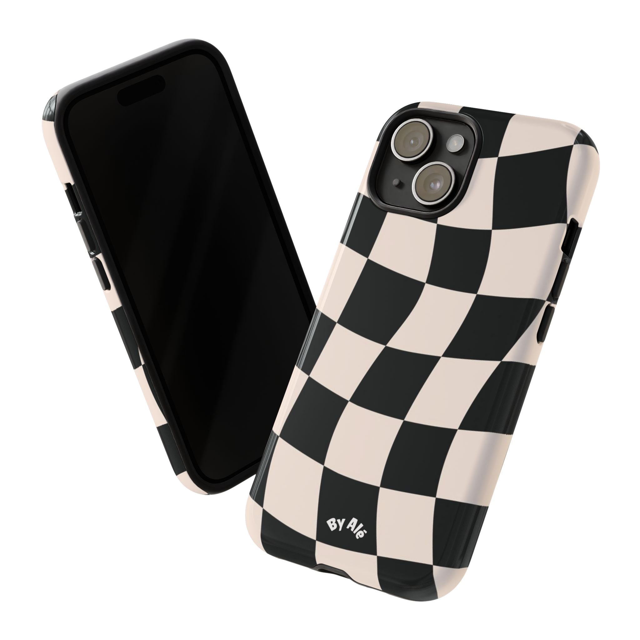 Wavy Checkered Phone Case – Black & Cream Retro Race Pattern