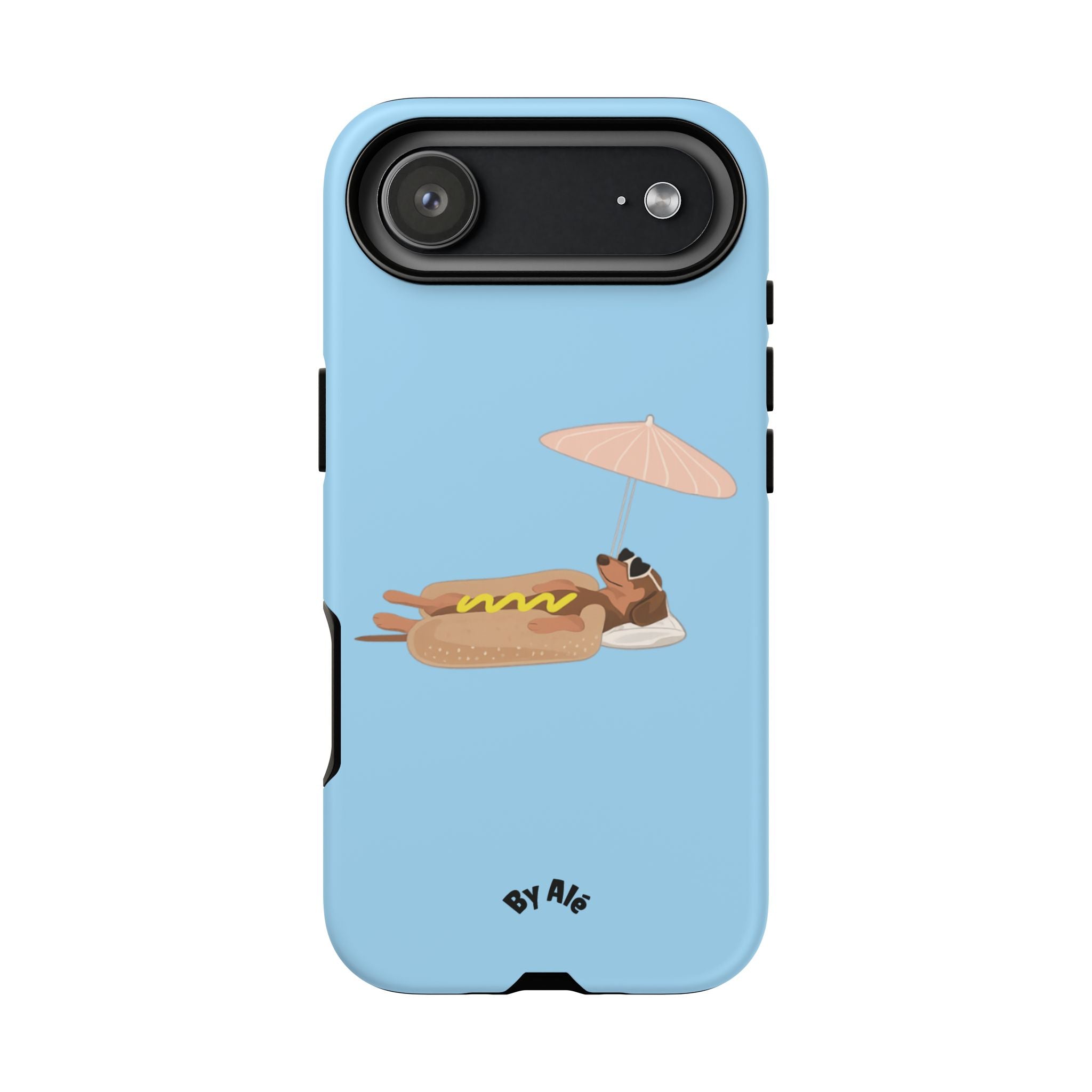 Cute Hot Dog Dog Relaxing on Beach Umbrella (Pastel Blue) - Phone Case