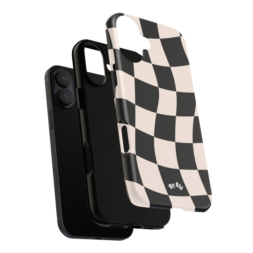 Wavy Checkered Phone Case – Black & Cream Retro Race Pattern