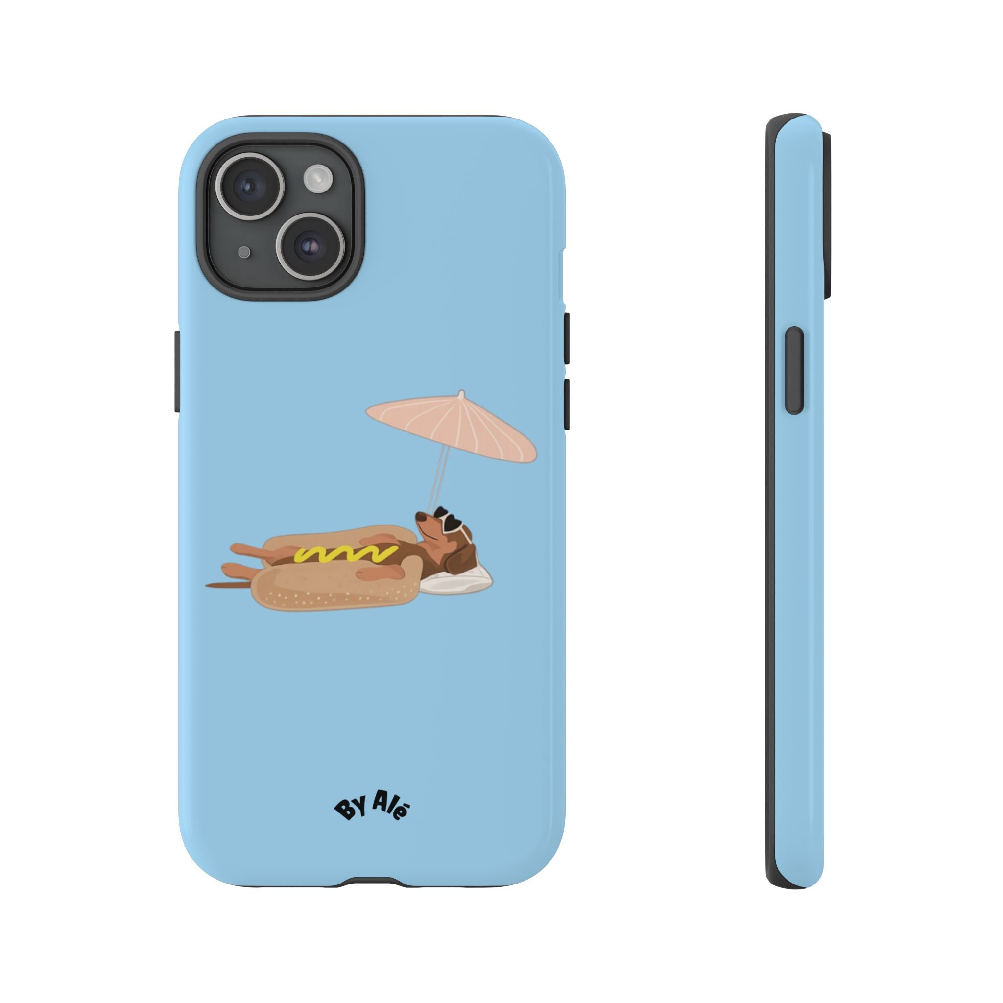 Cute Hot Dog Dog Relaxing on Beach Umbrella (Pastel Blue) - Phone Case