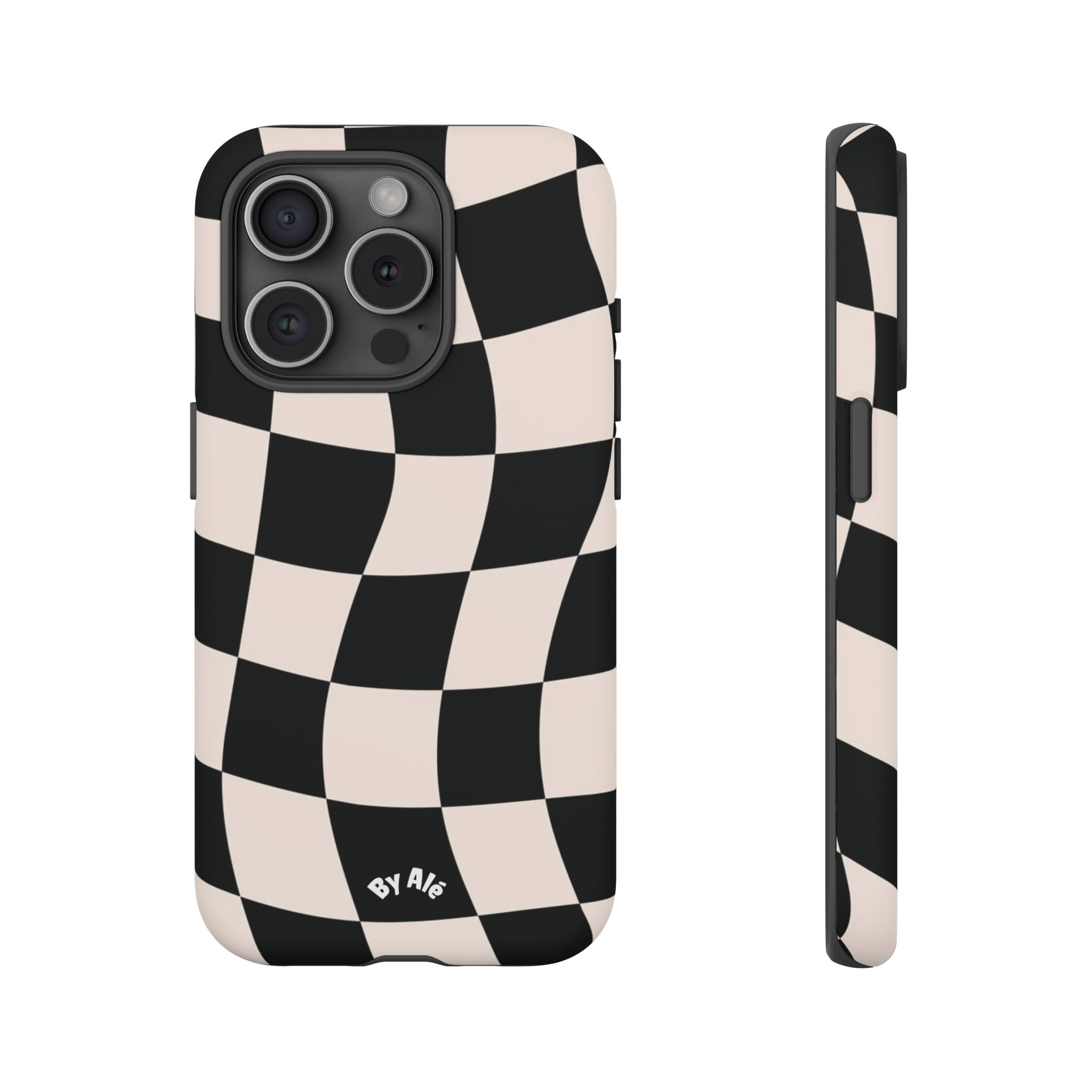Wavy Checkered Phone Case – Black & Cream Retro Race Pattern