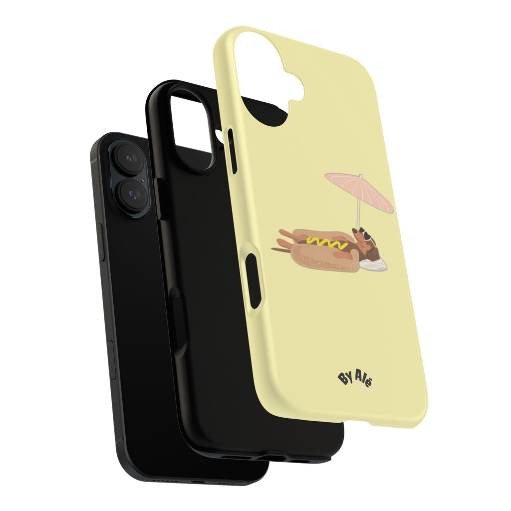 Cute Hot Dog Dog Relaxing on Beach Umbrella (Butter Yellow) - Phone Case