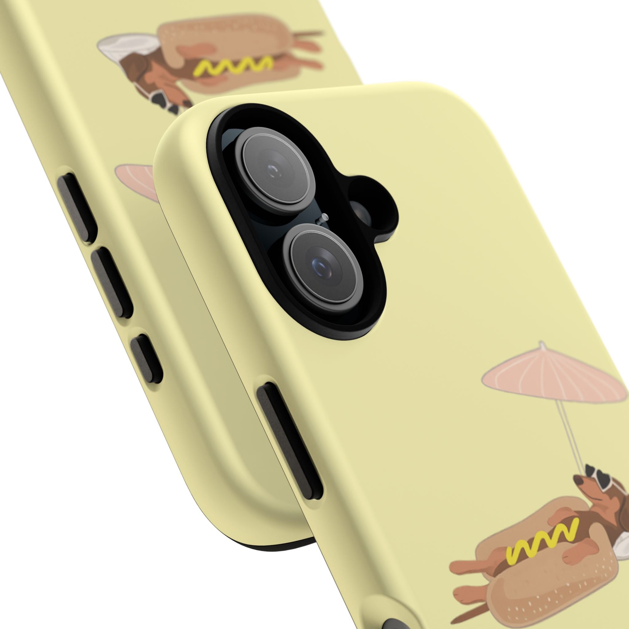 Cute Hot Dog Dog Relaxing on Beach Umbrella (Butter Yellow) - Phone Case