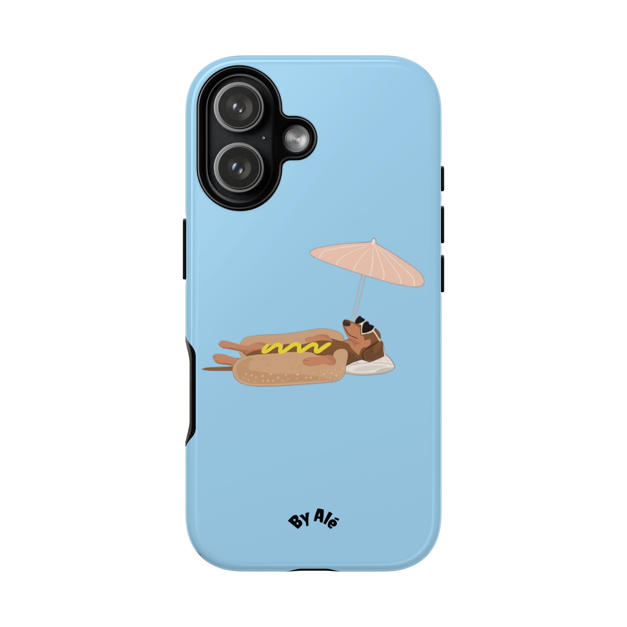 Cute Hot Dog Dog Relaxing on Beach Umbrella (Pastel Blue) - Phone Case