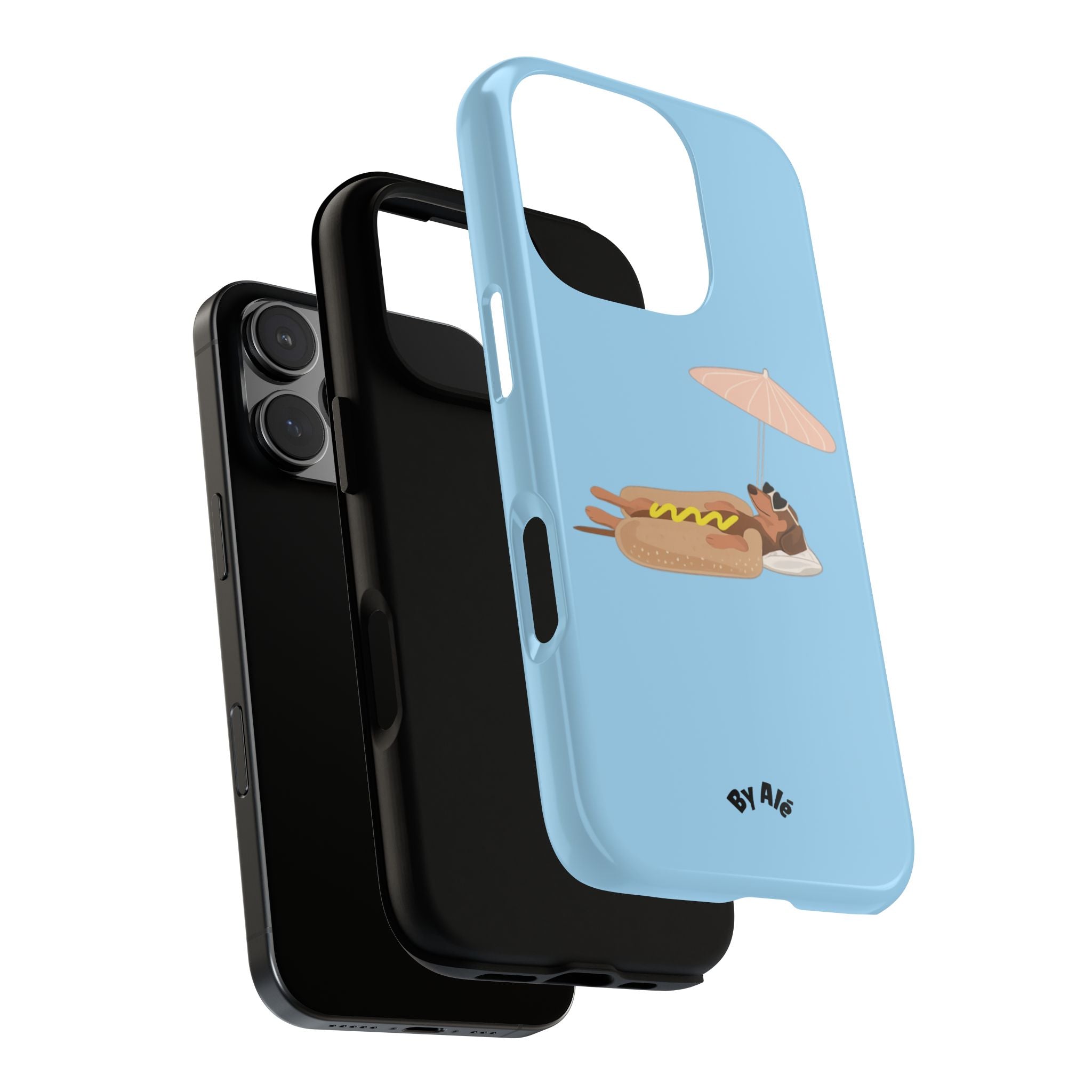 Cute Hot Dog Dog Relaxing on Beach Umbrella (Pastel Blue) - Phone Case