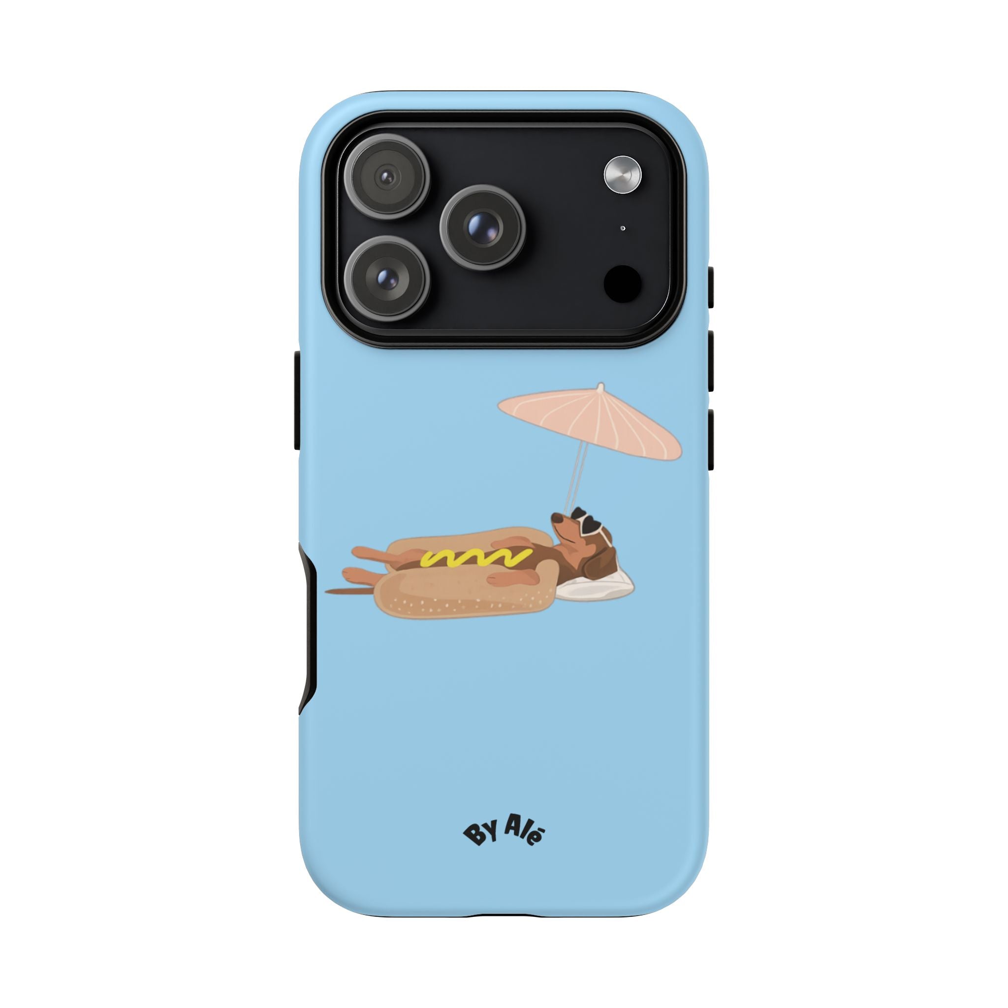Cute Hot Dog Dog Relaxing on Beach Umbrella (Pastel Blue) - Phone Case