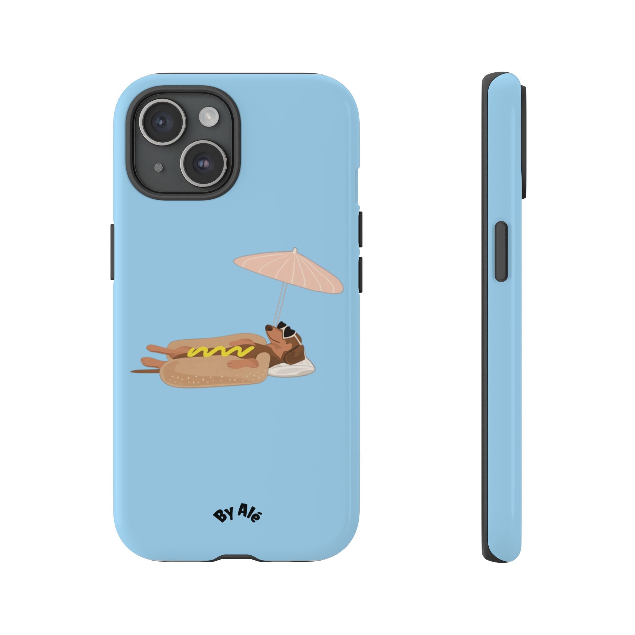 Cute Hot Dog Dog Relaxing on Beach Umbrella (Pastel Blue) - Phone Case