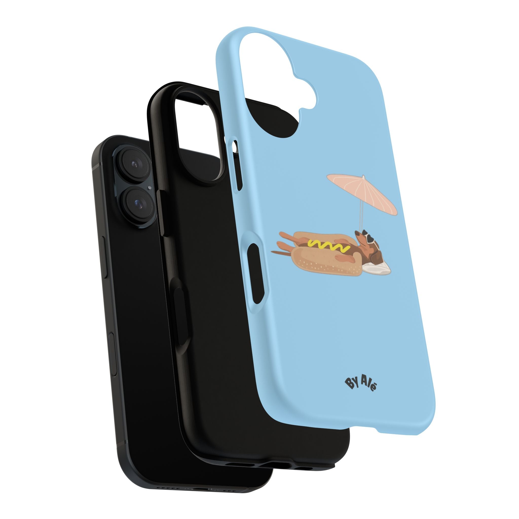 Cute Hot Dog Dog Relaxing on Beach Umbrella (Pastel Blue) - Phone Case
