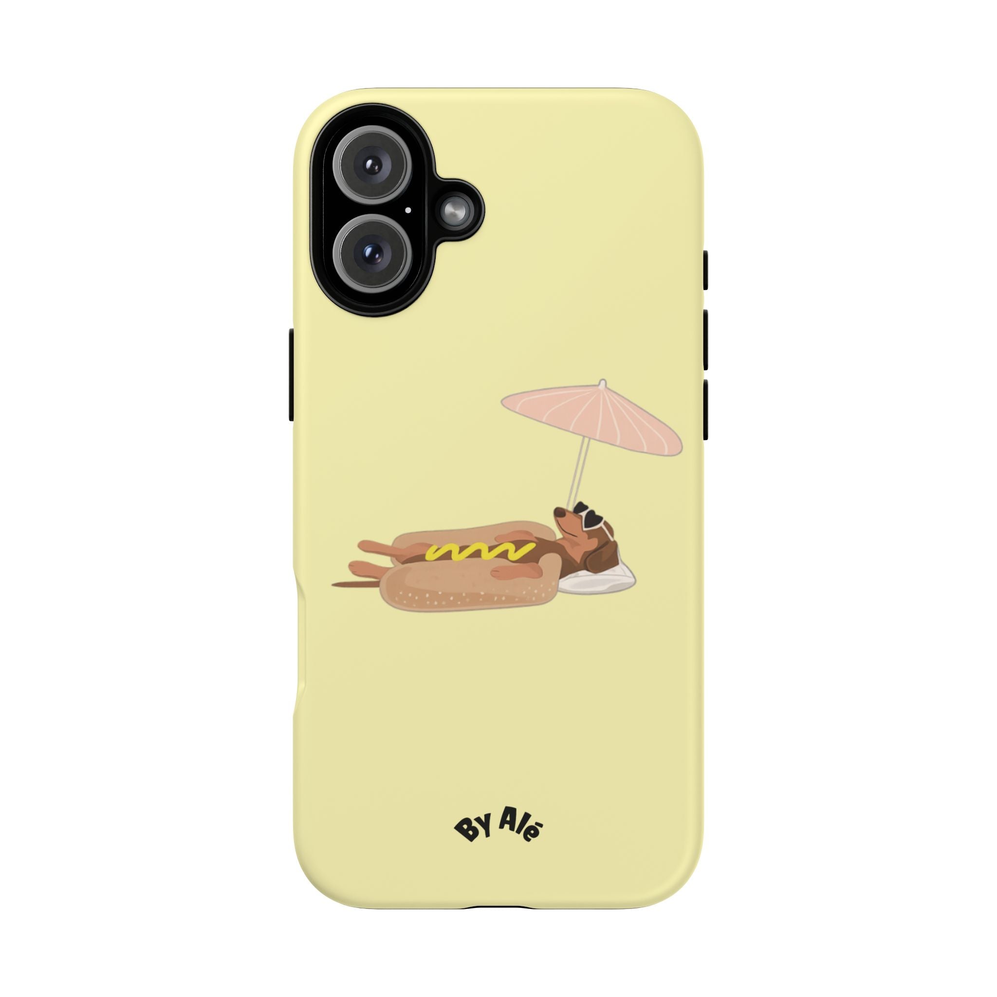 Cute Hot Dog Dog Relaxing on Beach Umbrella (Butter Yellow) - Phone Case