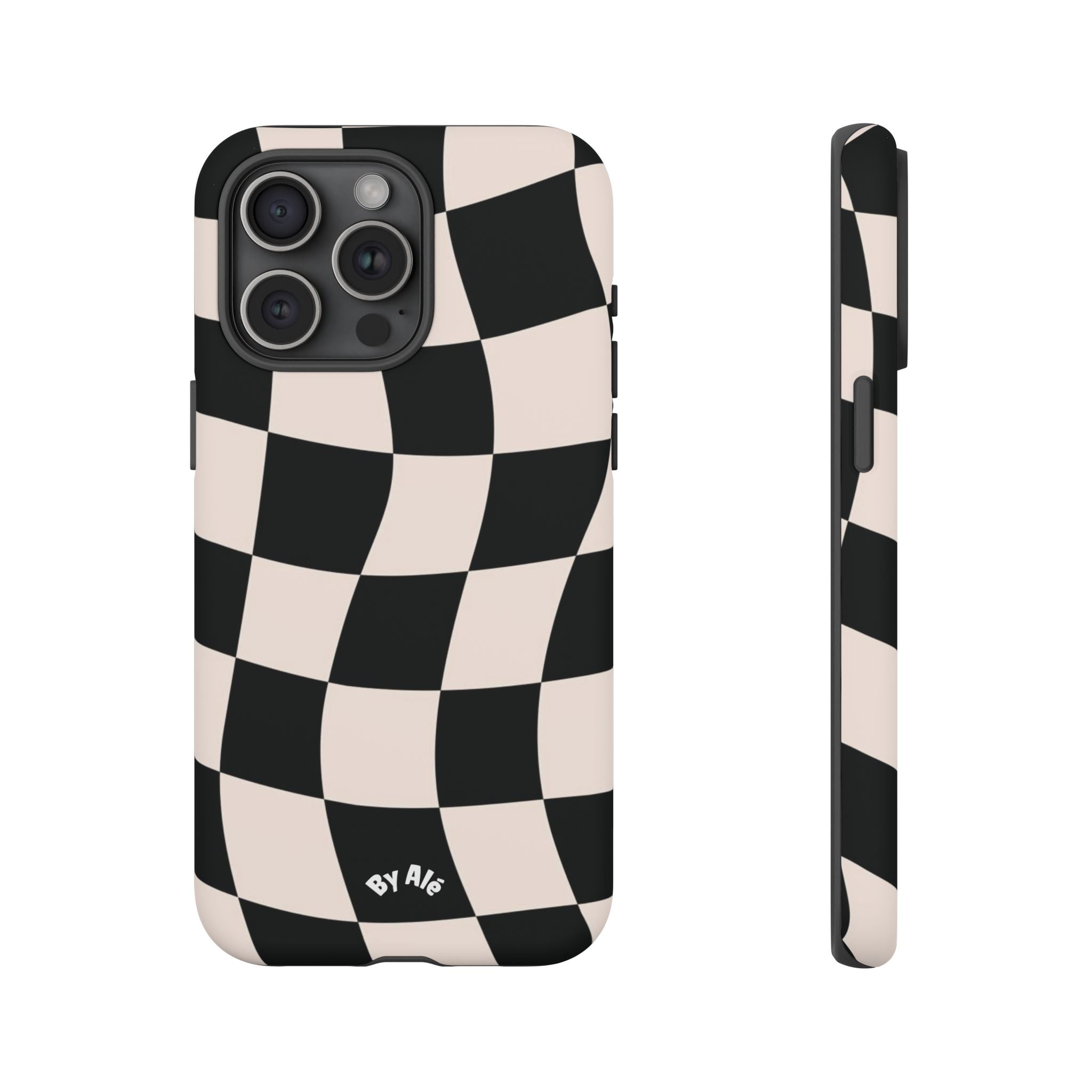 Wavy Checkered Phone Case – Black & Cream Retro Race Pattern