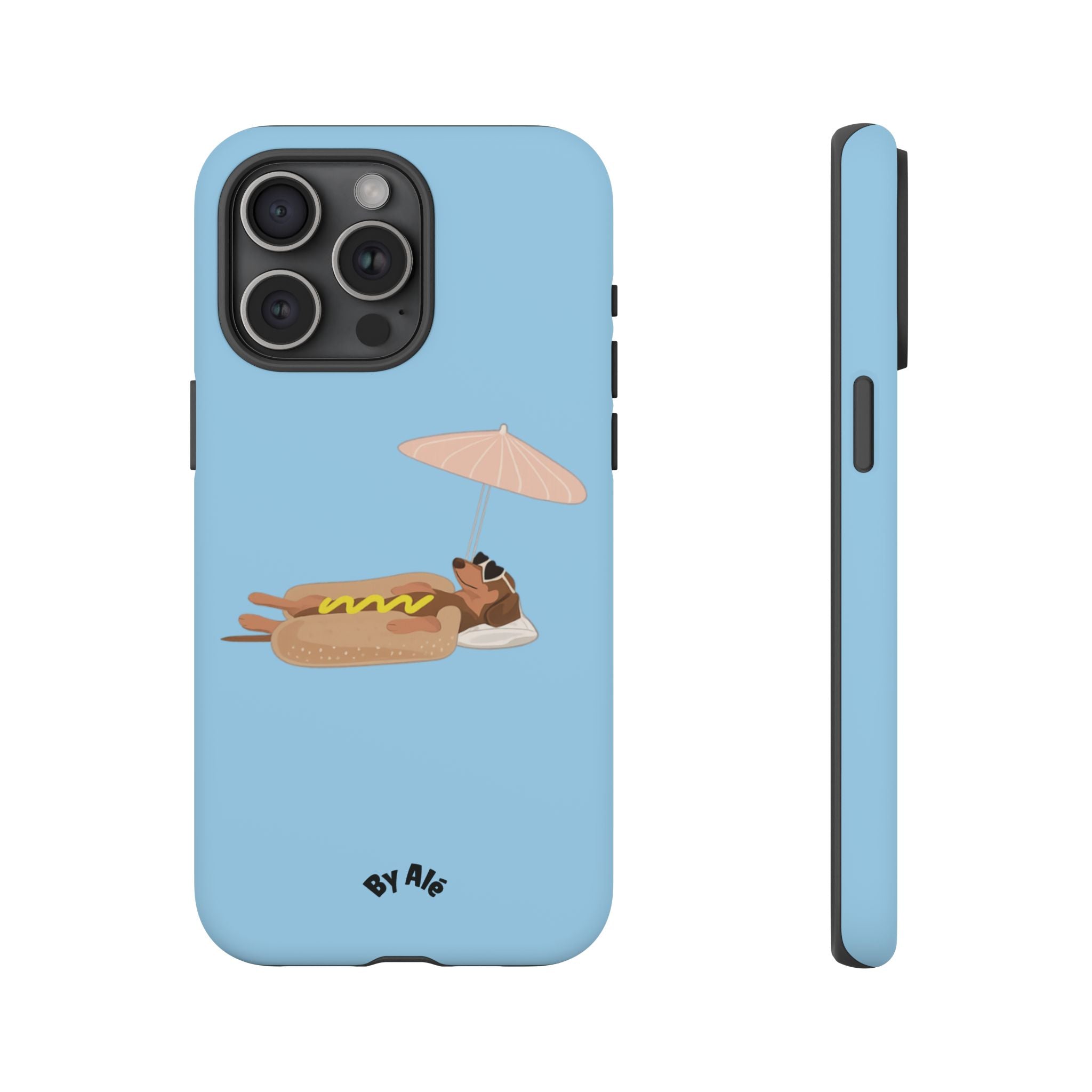 Cute Hot Dog Dog Relaxing on Beach Umbrella (Pastel Blue) - Phone Case