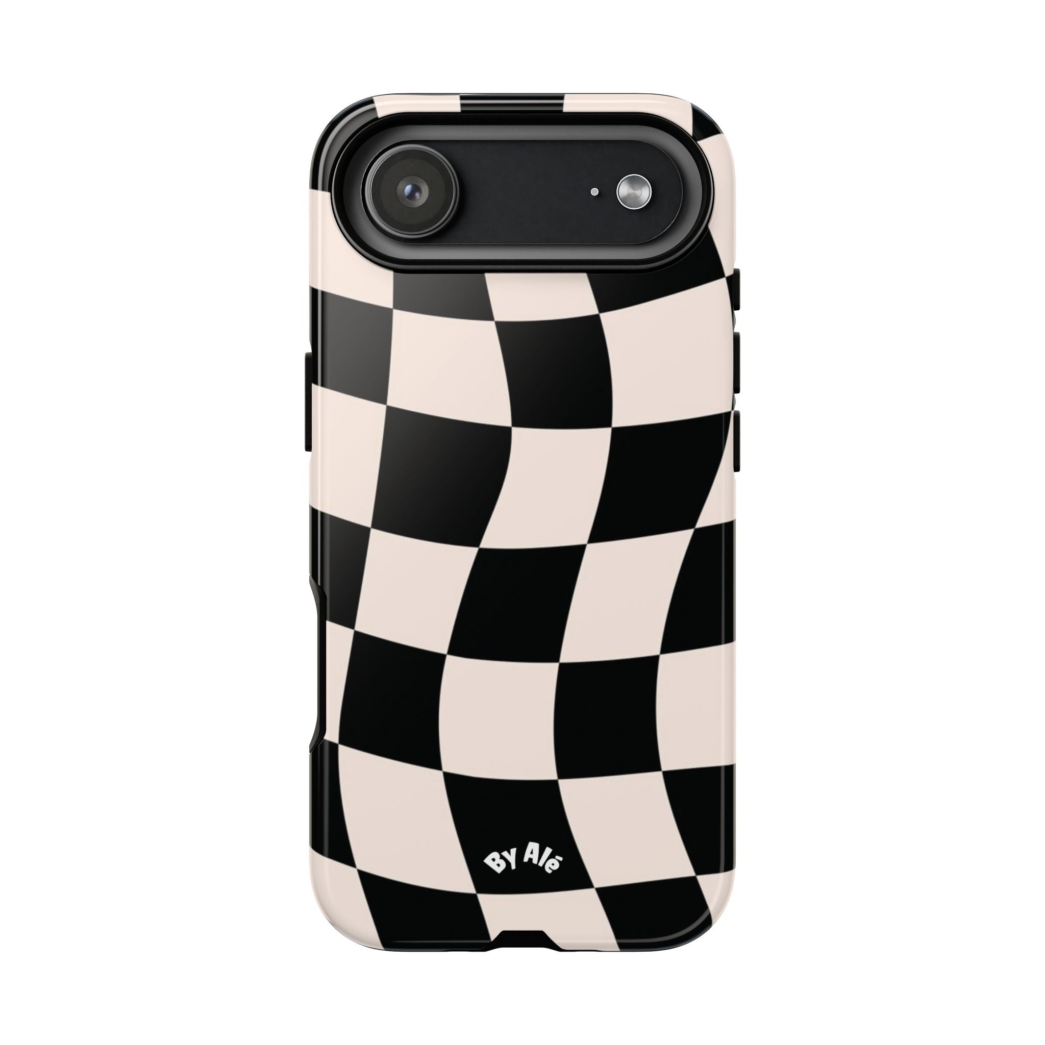 Wavy Checkered Phone Case – Black & Cream Retro Race Pattern
