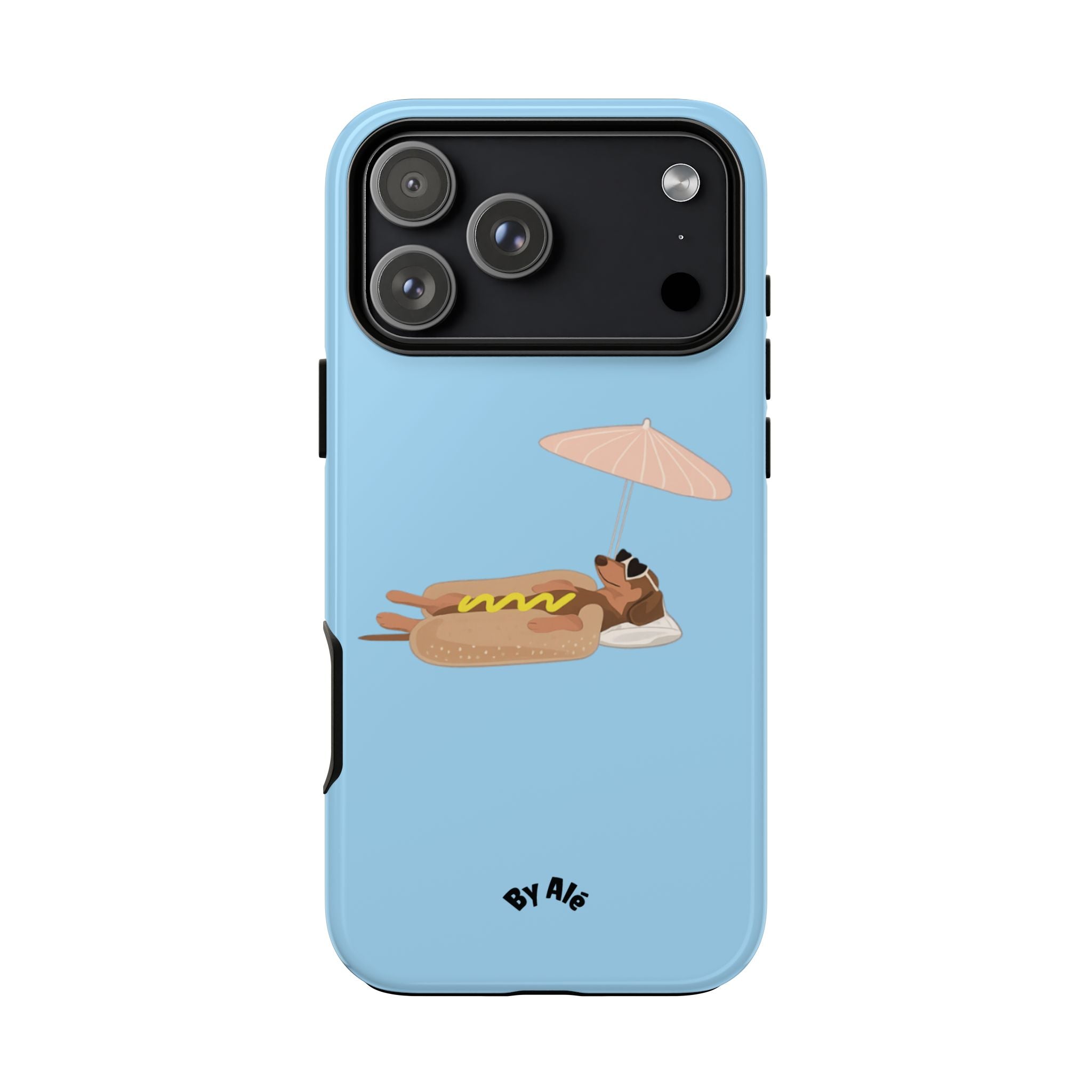 Cute Hot Dog Dog Relaxing on Beach Umbrella (Pastel Blue) - Phone Case