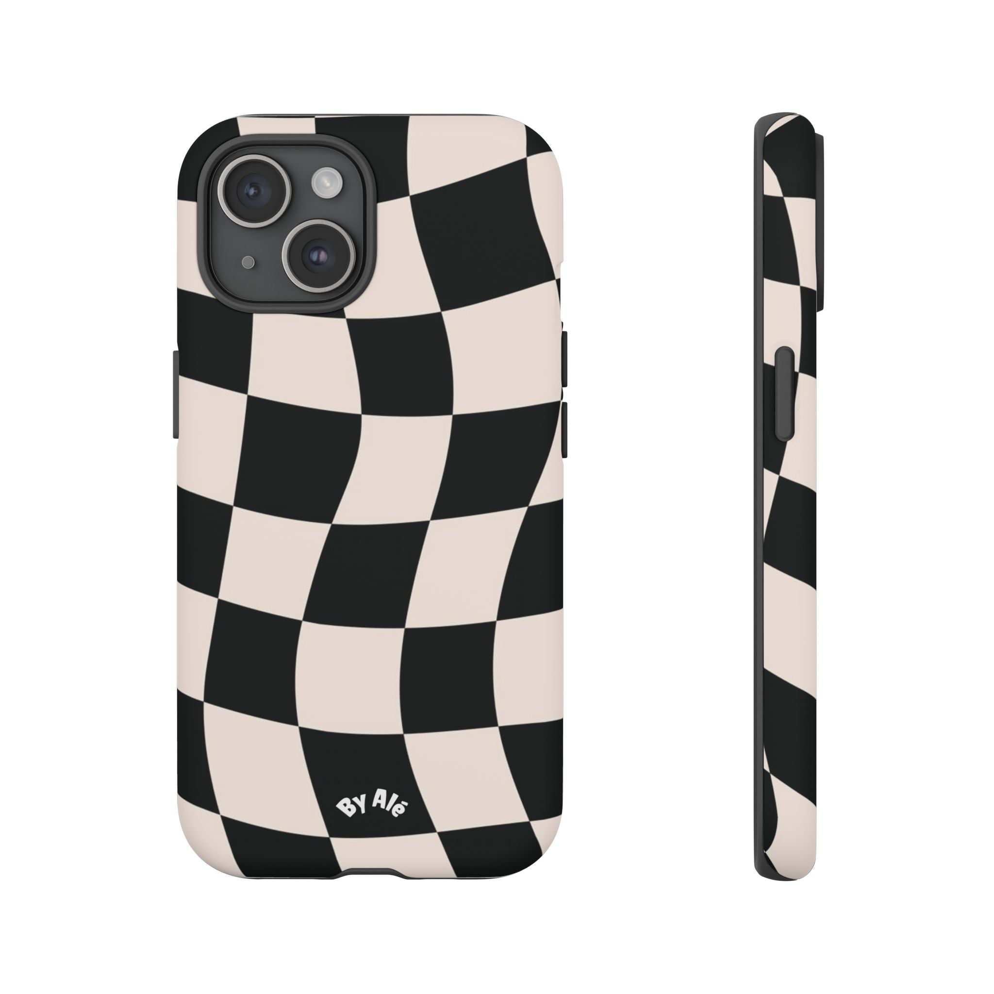 Wavy Checkered Phone Case – Black & Cream Retro Race Pattern