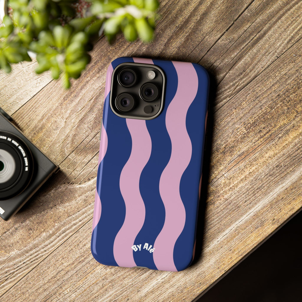Wavy Stripes Tough Phone Case — Pink & Navy Protective iPhone Cover