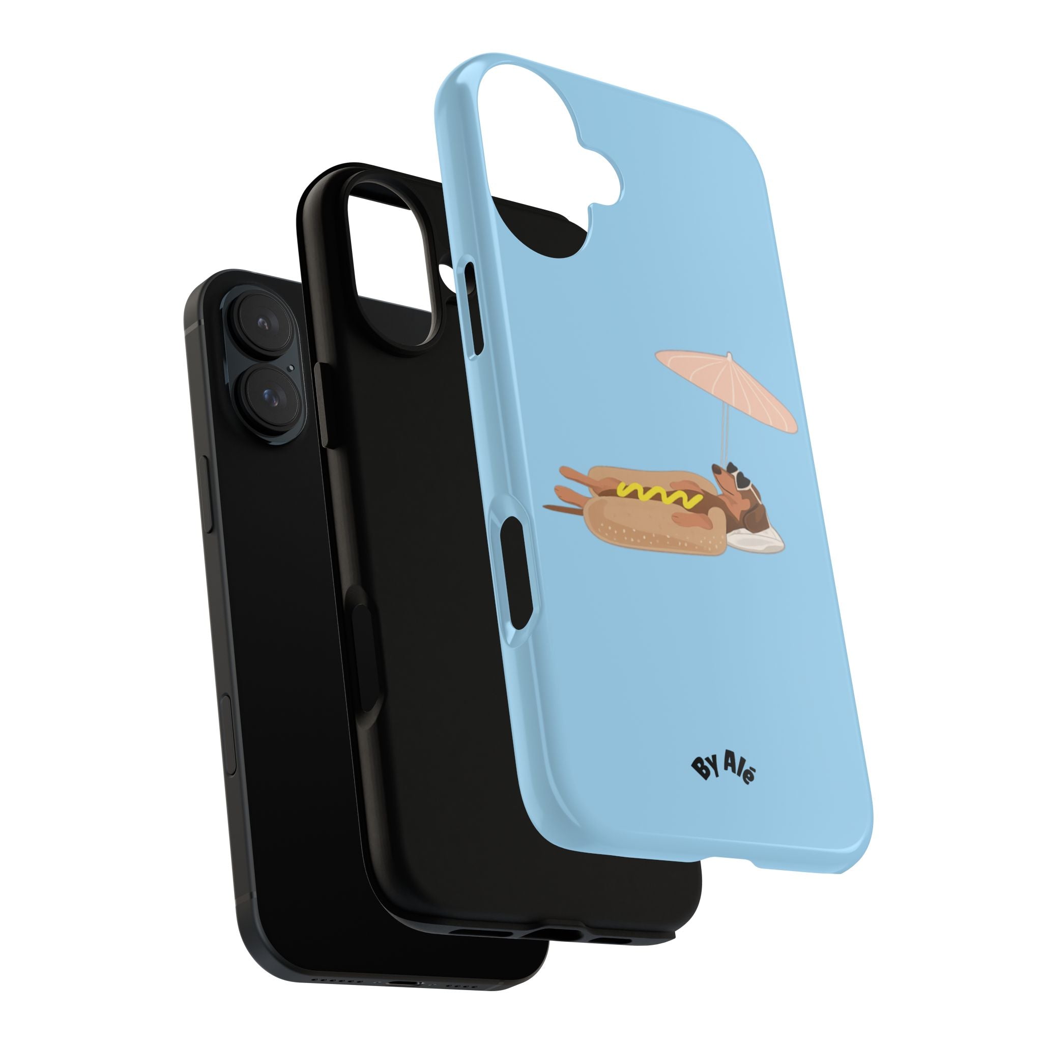 Cute Hot Dog Dog Relaxing on Beach Umbrella (Pastel Blue) - Phone Case