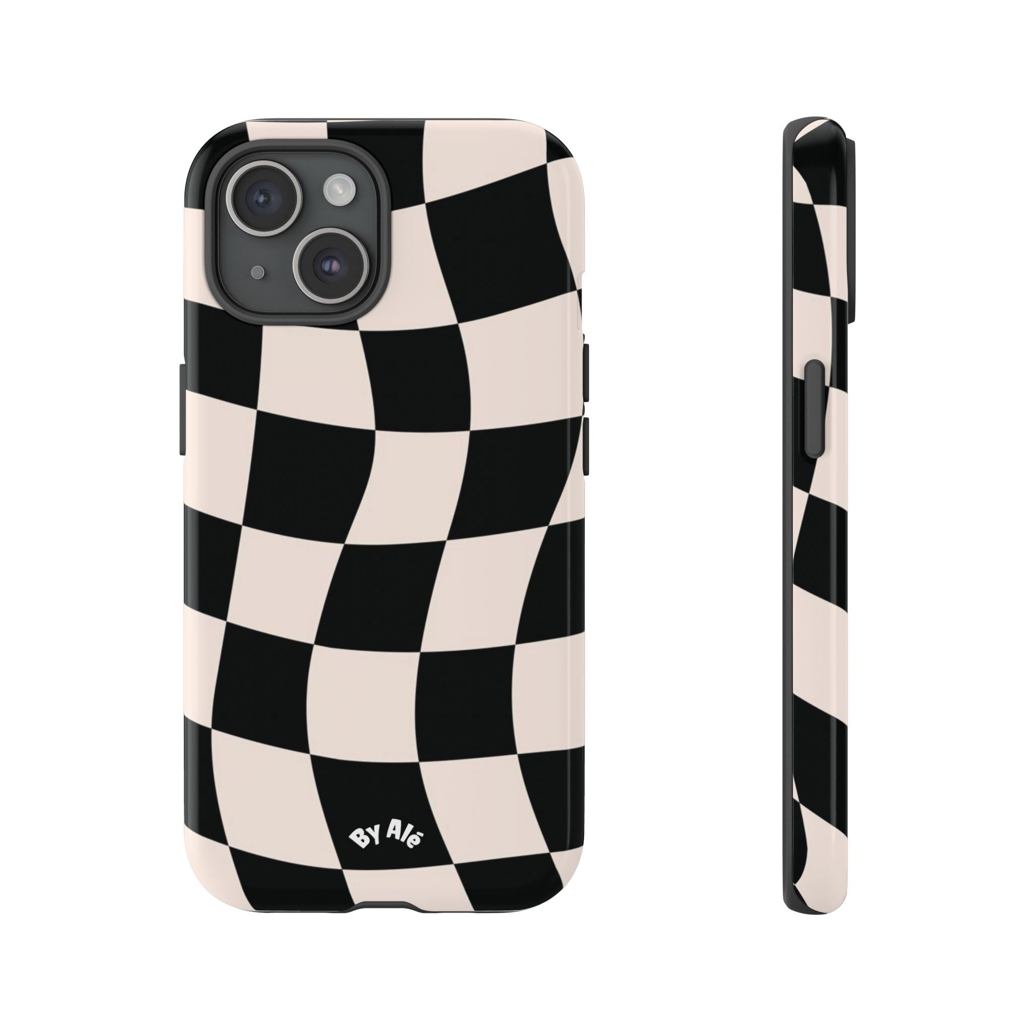 Wavy Checkered Phone Case – Black & Cream Retro Race Pattern