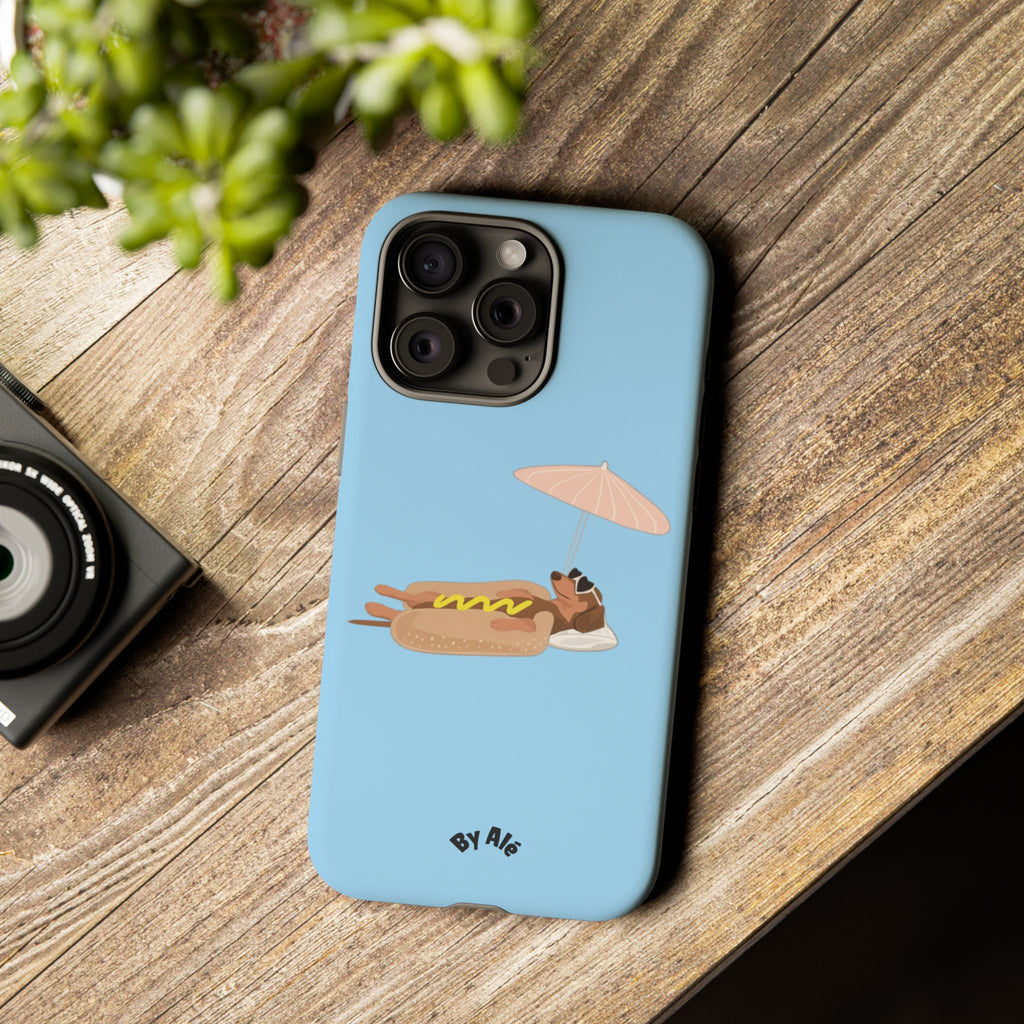 Cute Hot Dog Dog Relaxing on Beach Umbrella (Pastel Blue) - Phone Case