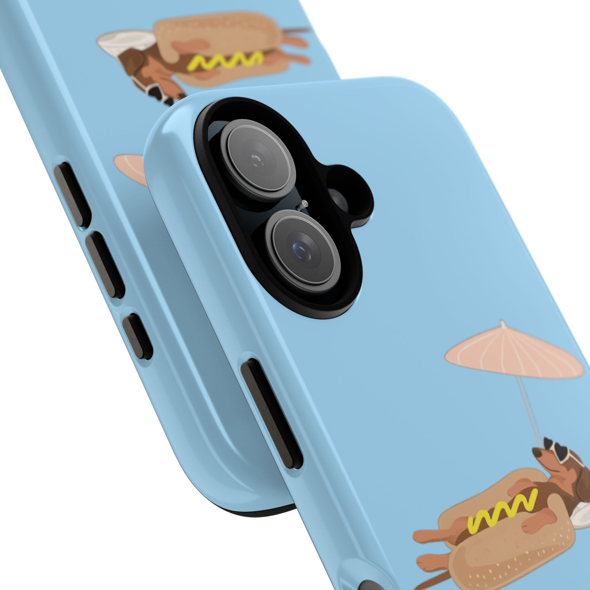 Cute Hot Dog Dog Relaxing on Beach Umbrella (Pastel Blue) - Phone Case