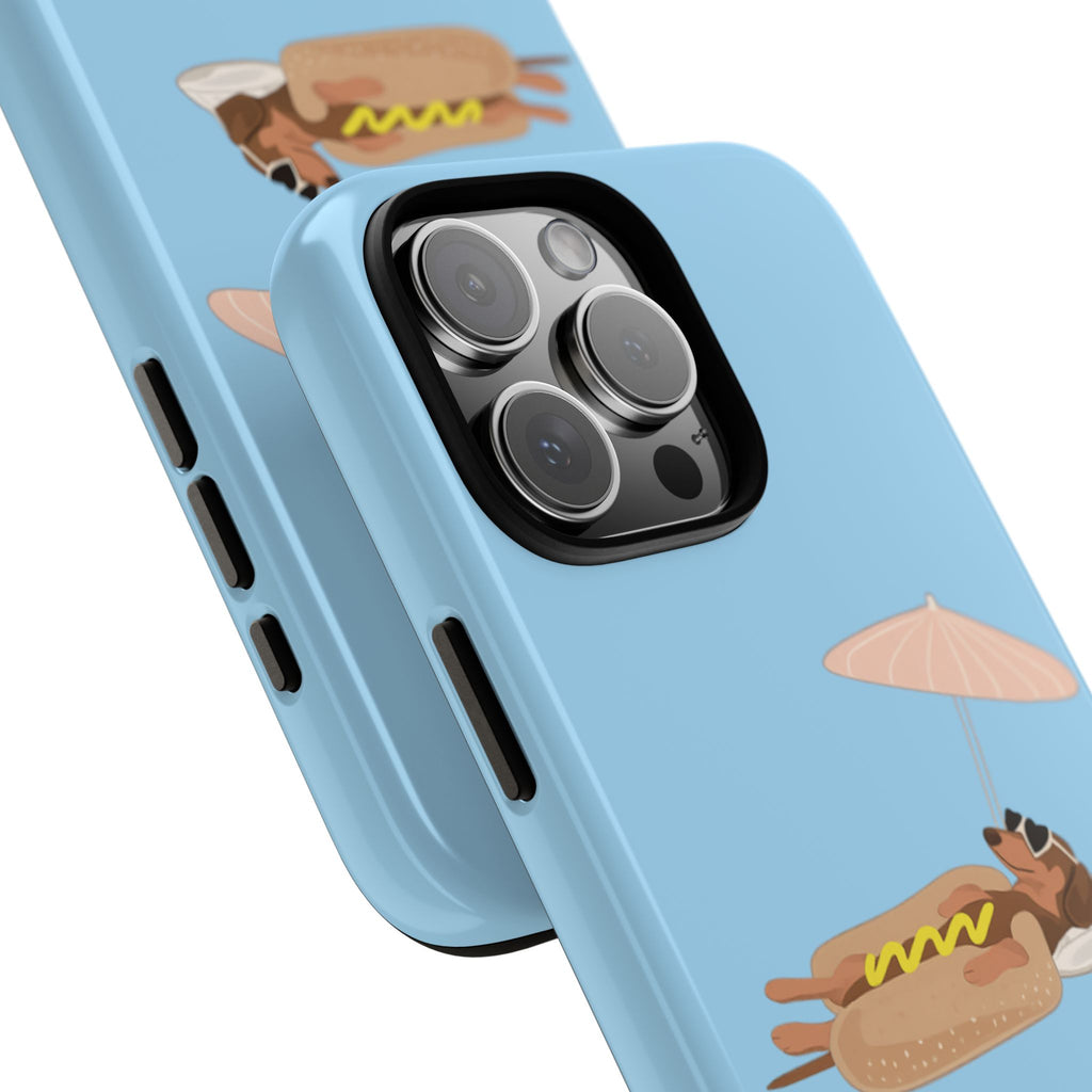 Cute Hot Dog Dog Relaxing on Beach Umbrella (Pastel Blue) - Phone Case